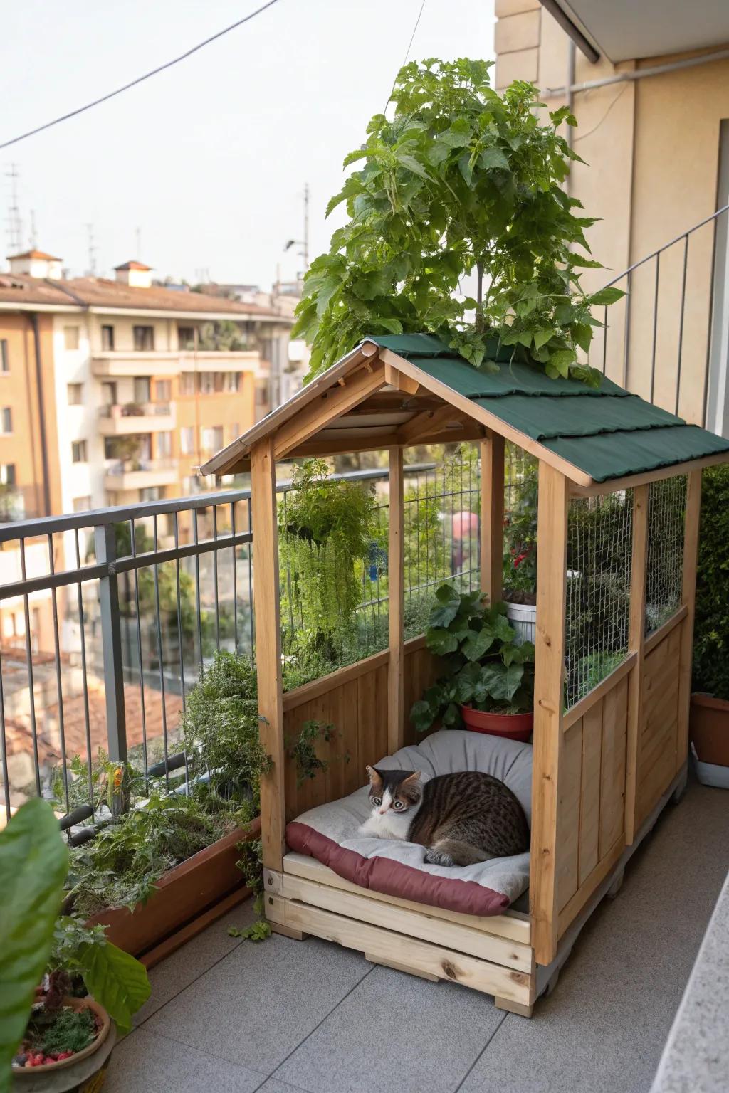 A rooftop retreat offers shade and comfort for sunny balcony catios.