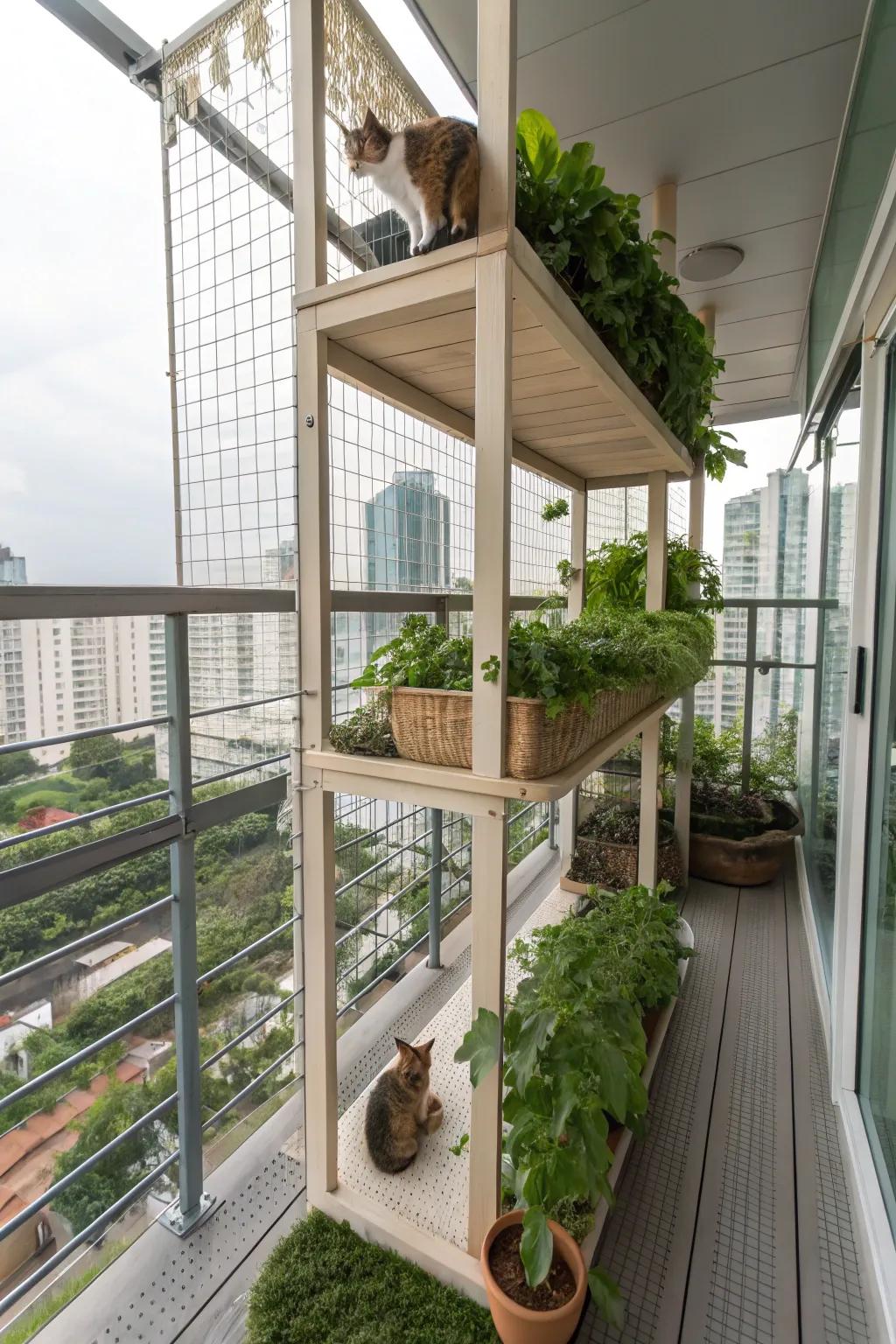 A multi-level adventure catio encourages climbing and exploration.