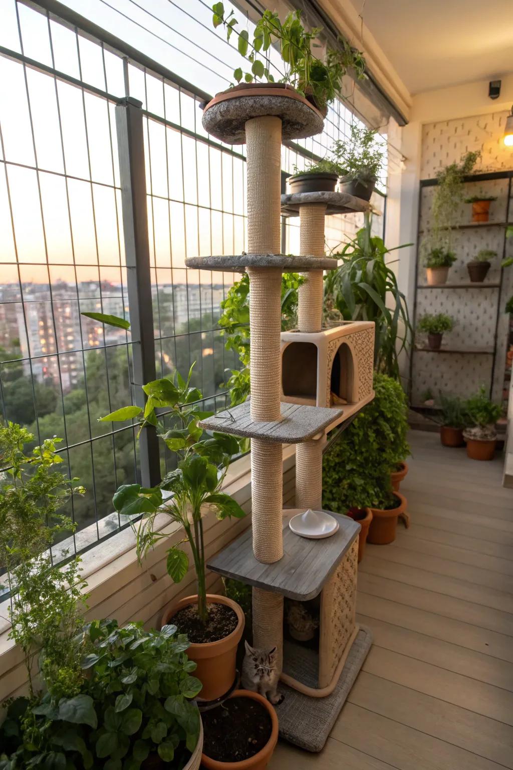 A climbing tower adds vertical excitement to your catio, perfect for adventurous cats.