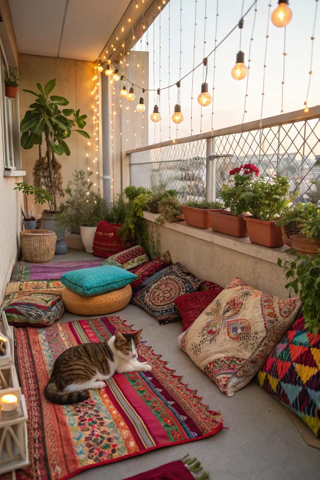 A bohemian dream catio adds a touch of whimsy and comfort.