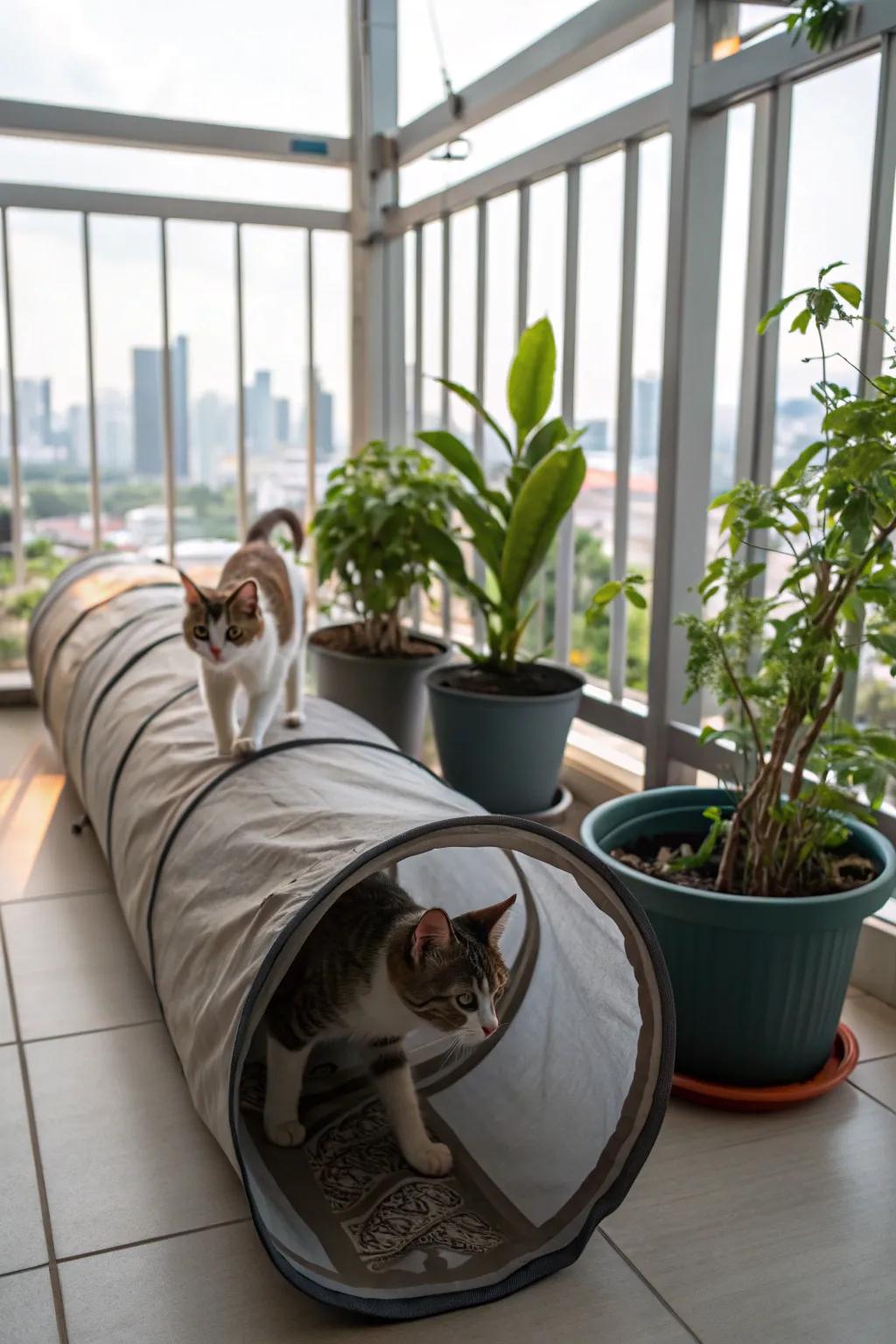 A cat tunnel adds an element of exploration and fun to your balcony catio.