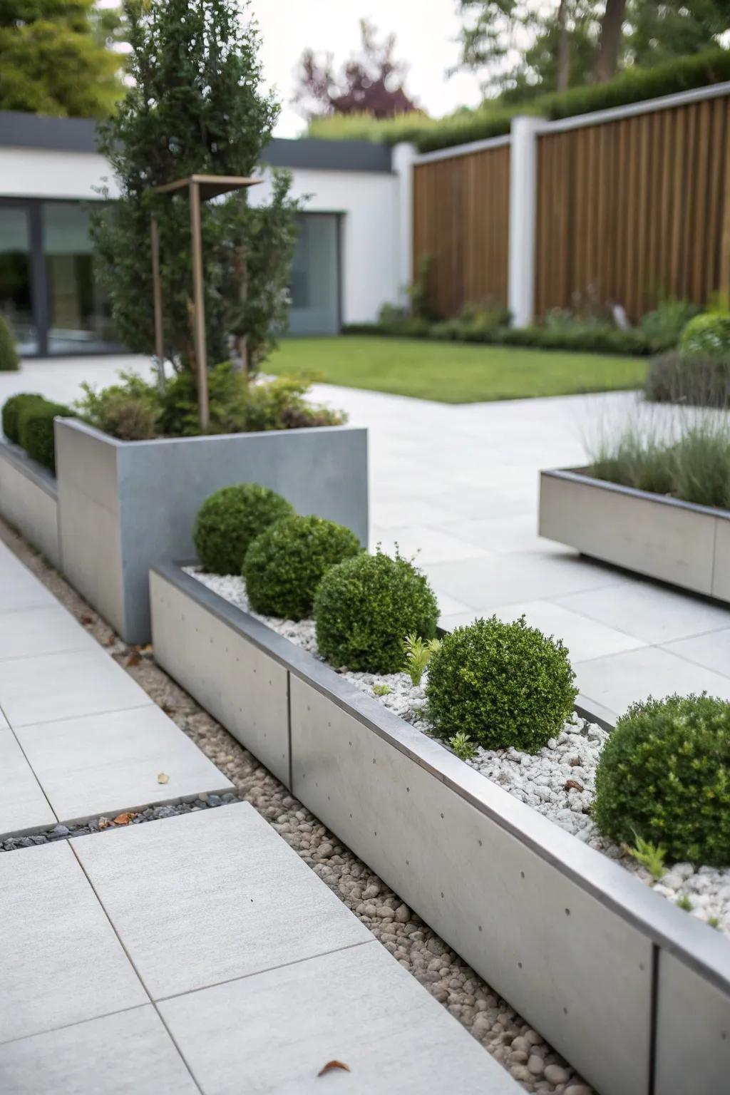 Sleek metal barriers provide a modern edge to garden spaces.