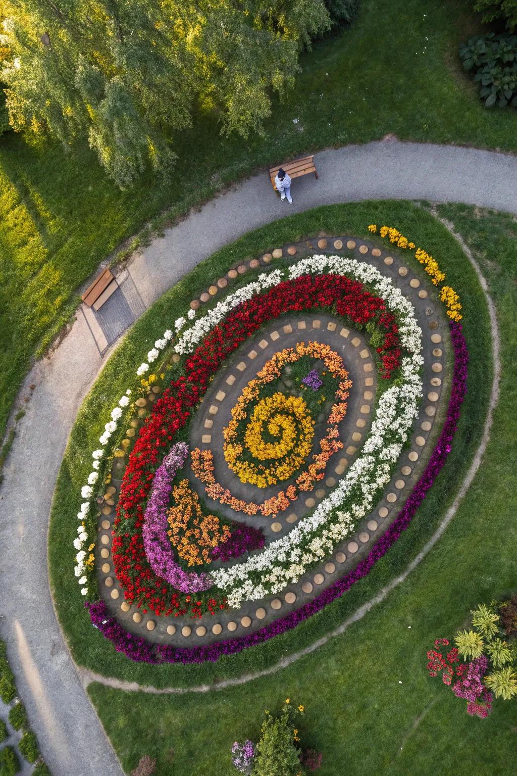 Elegant spiral pattern design in a flower bed.