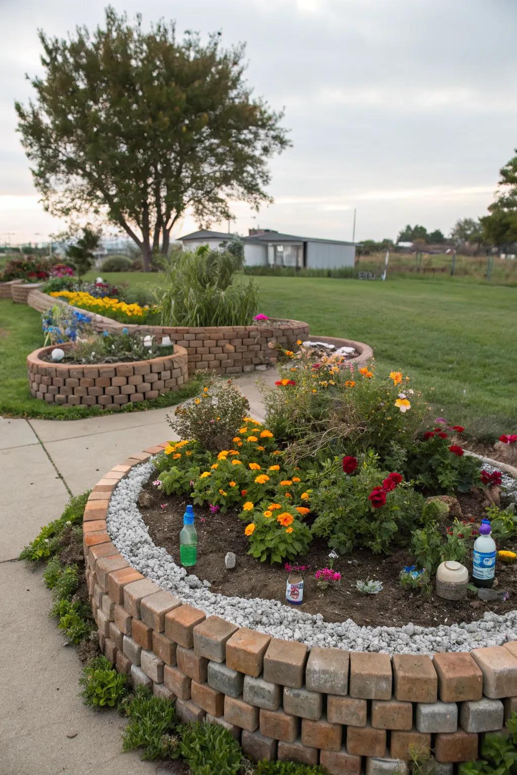 Decorative border made from recycled garden materials.