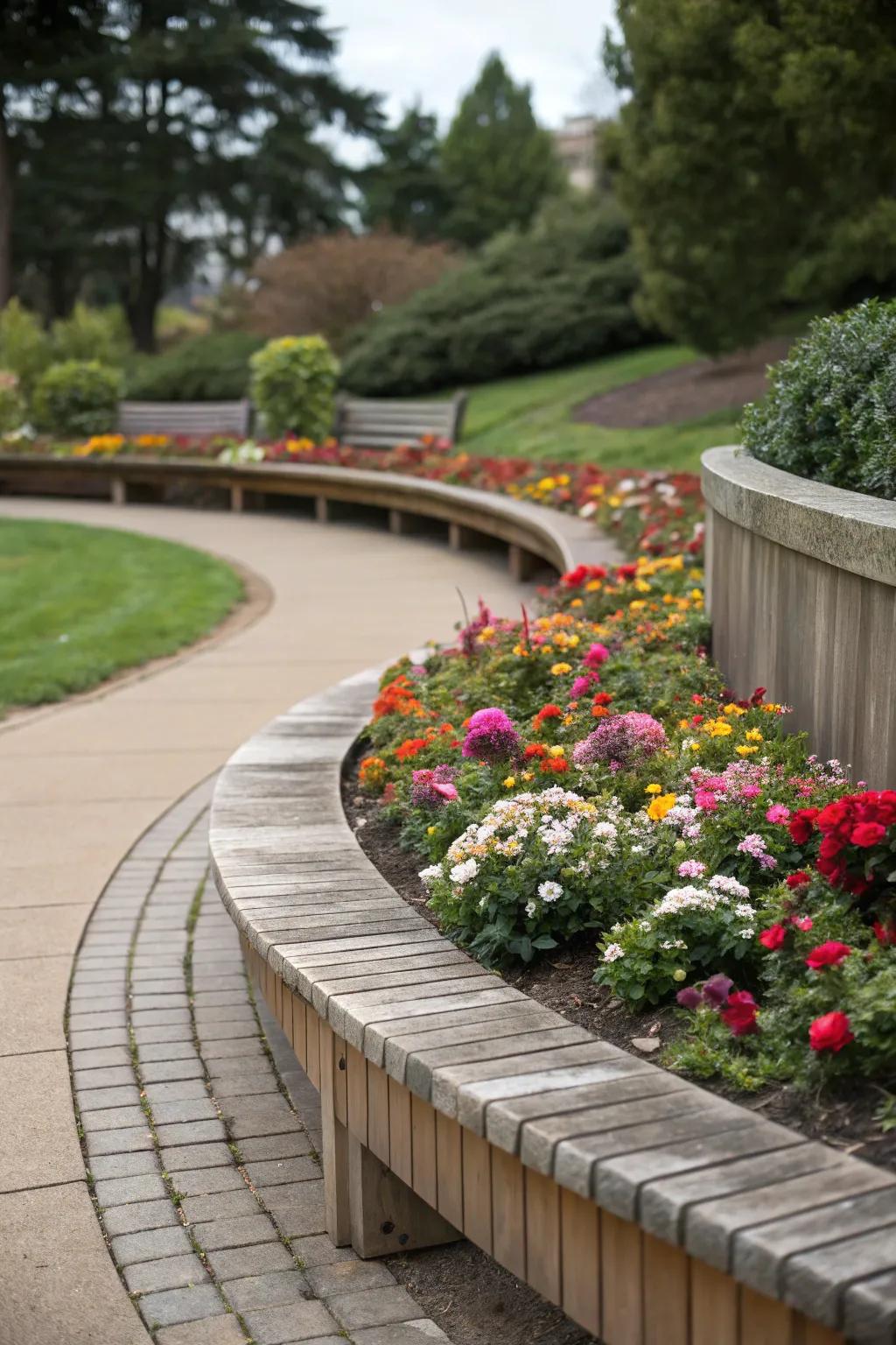 A curved bench nestled in a blooming garden.