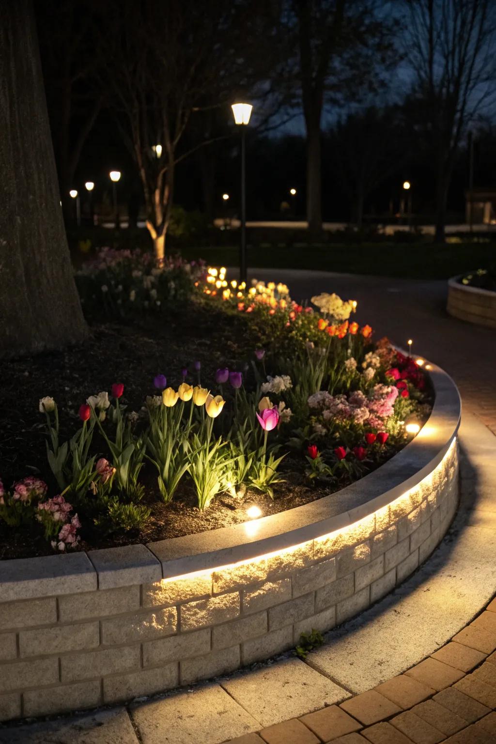 Gentle lighting highlighting a flower bed at dusk.