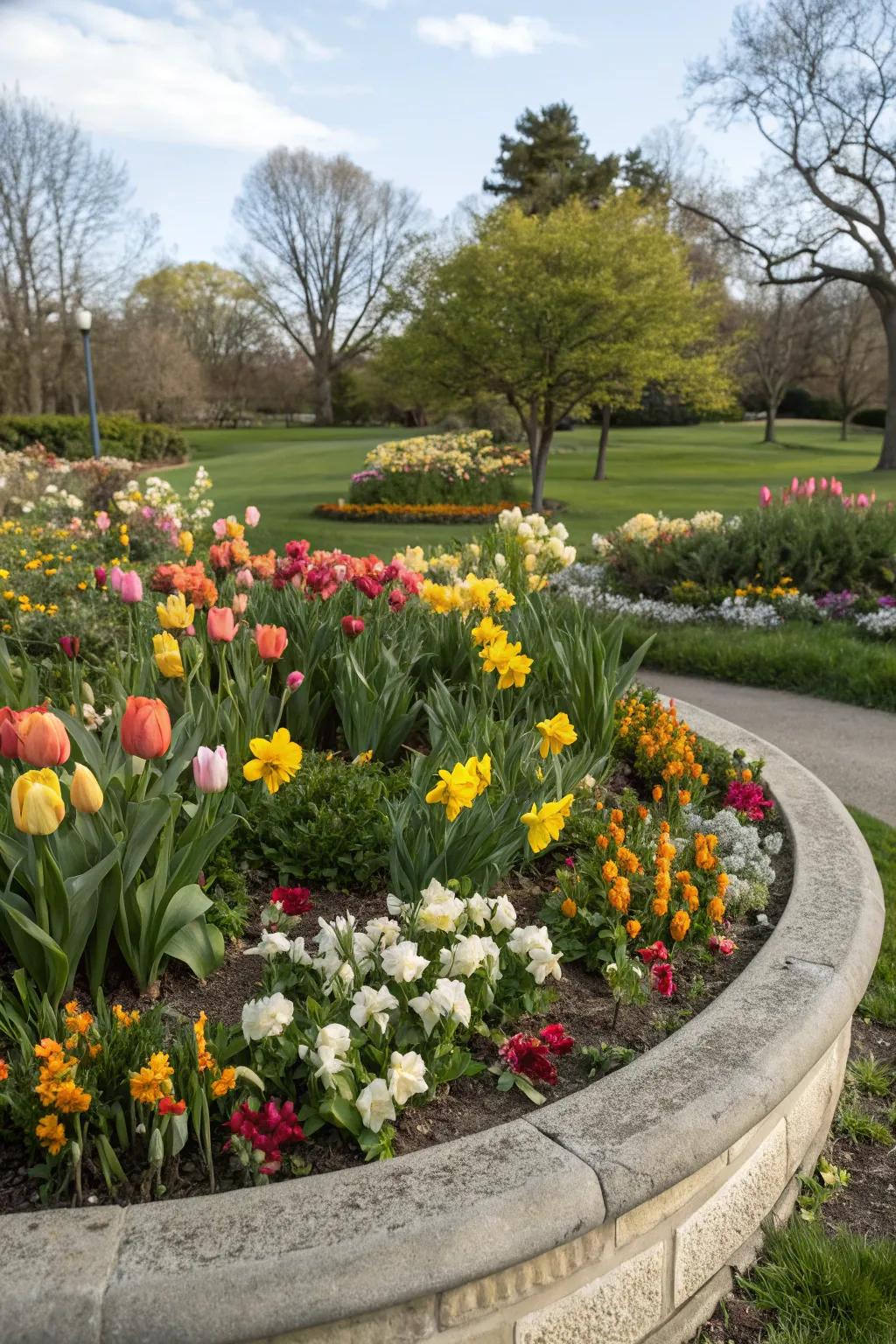 Oval flower bed with blooms arranged for seasonal appeal.