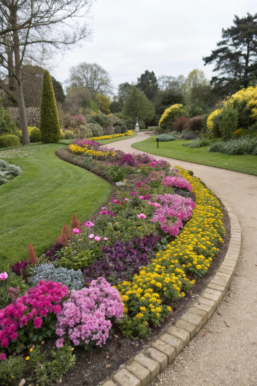 Oval flower bed blending naturally with the surrounding garden.
