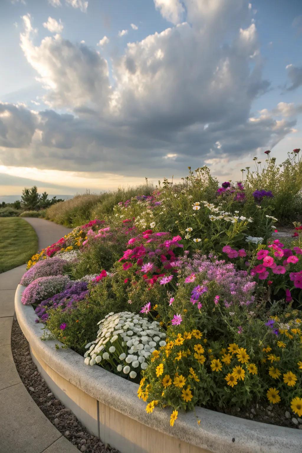 Natural wildflowers growing freely within an oval bed.