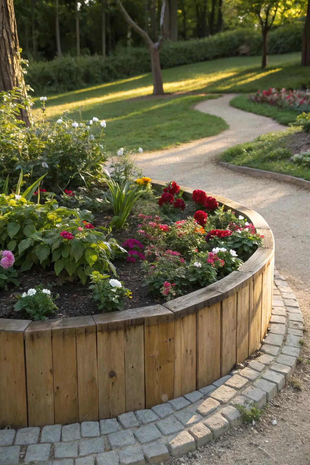 A warm wooden frame outlines this colorful flower bed.
