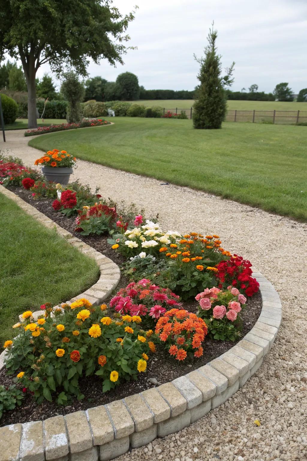 A clean gravel path surrounds a flower bed for convenient access.