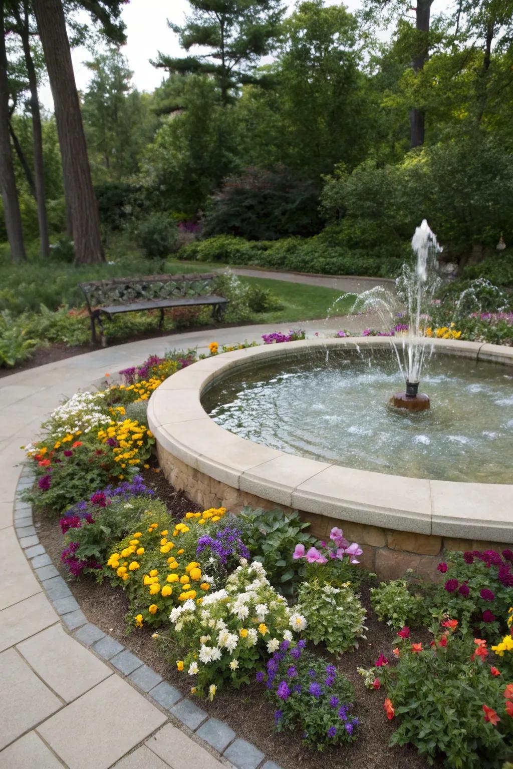 A tranquil water fountain enhances this garden space.