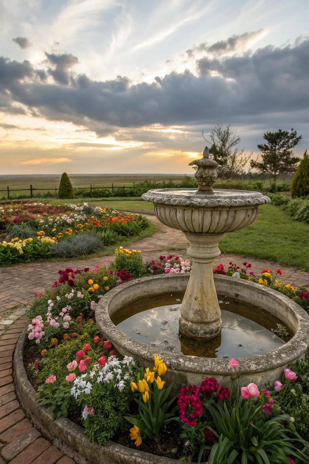A charming birdbath as a garden centerpiece.