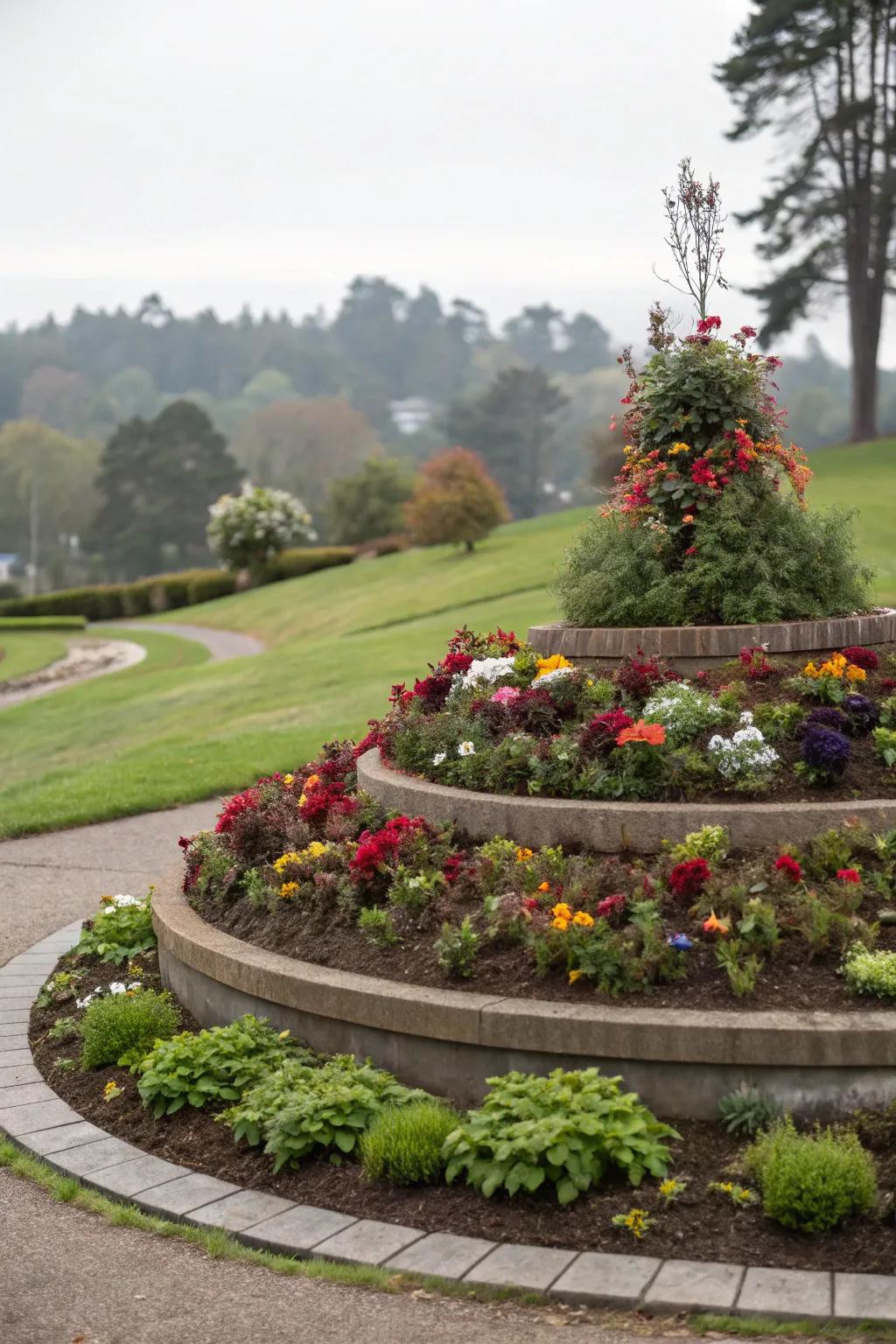 Tiered flower bed layout showing layers and depth.