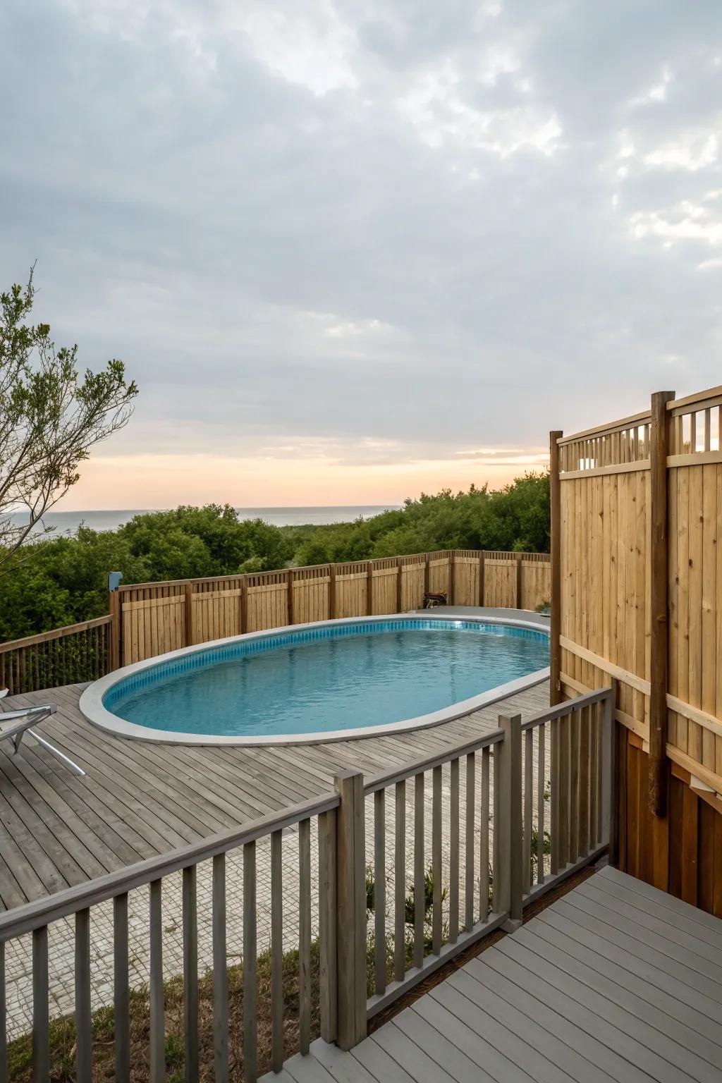 Privacy fences shielding pool decks.