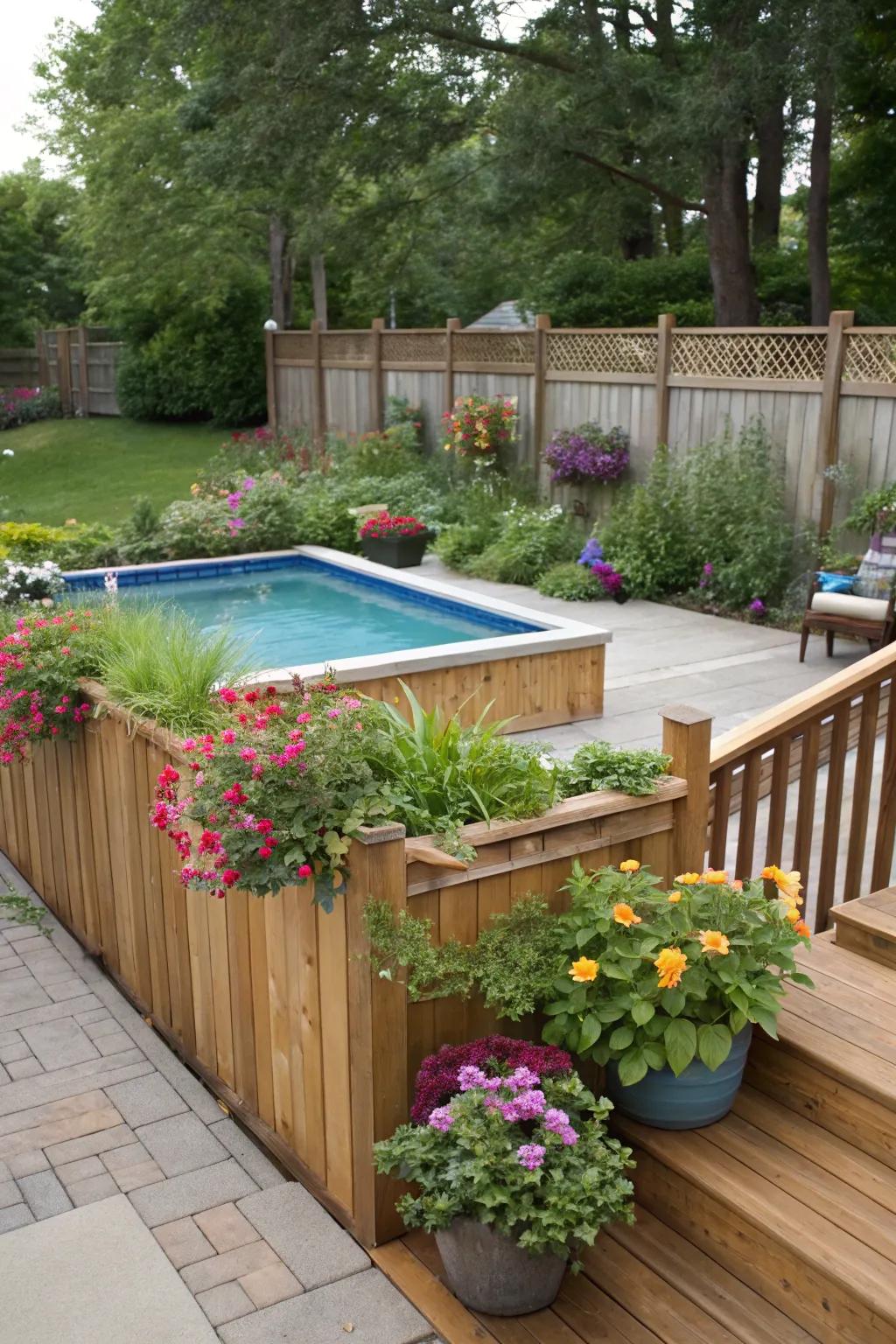 Landscape features integrated into pool deck design.