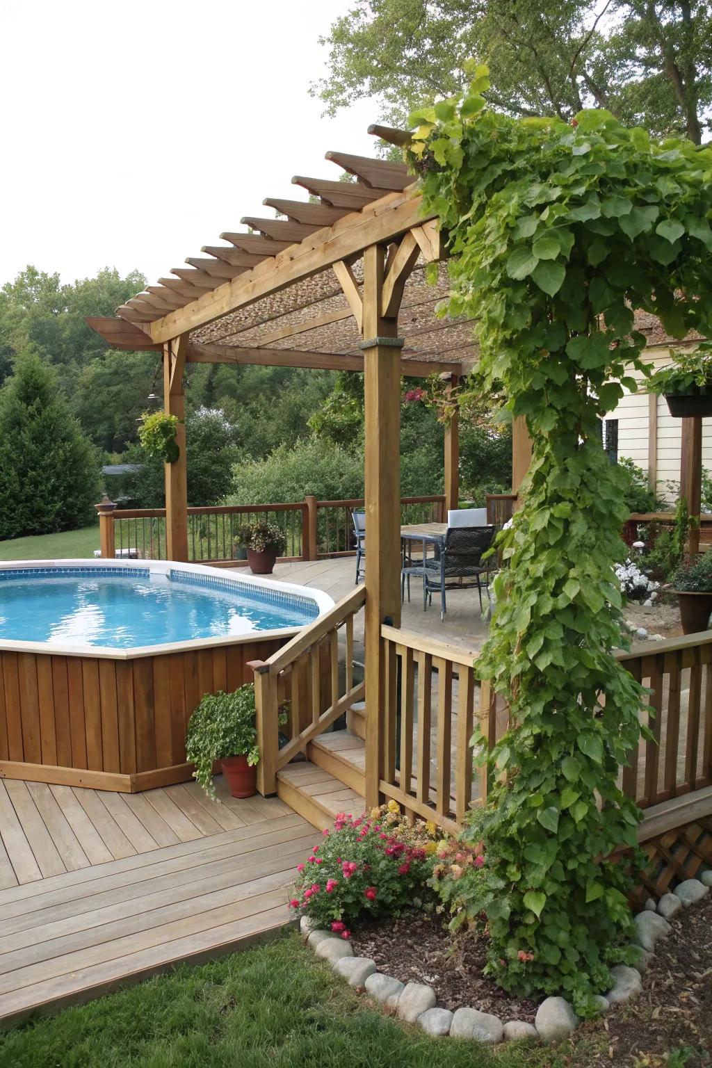 A pergola offering shade on a pool deck.