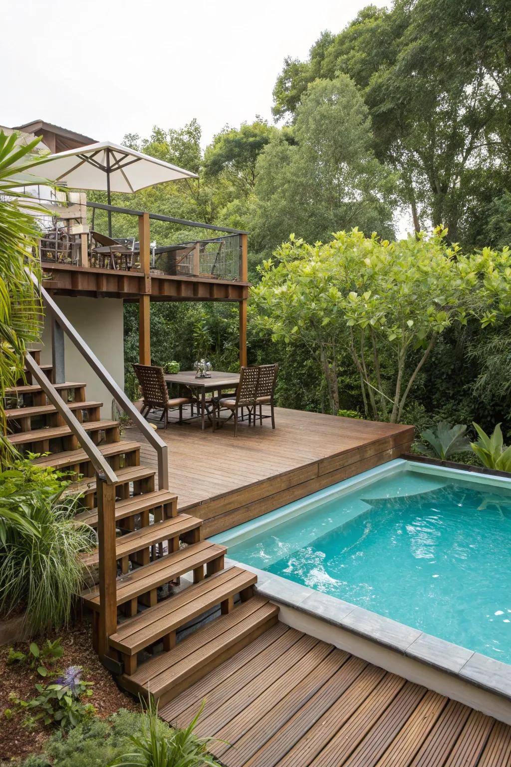 Multi-tiered decks create versatile poolside zones.