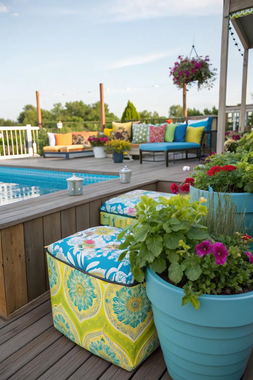 Bright accents enliven poolside decks.