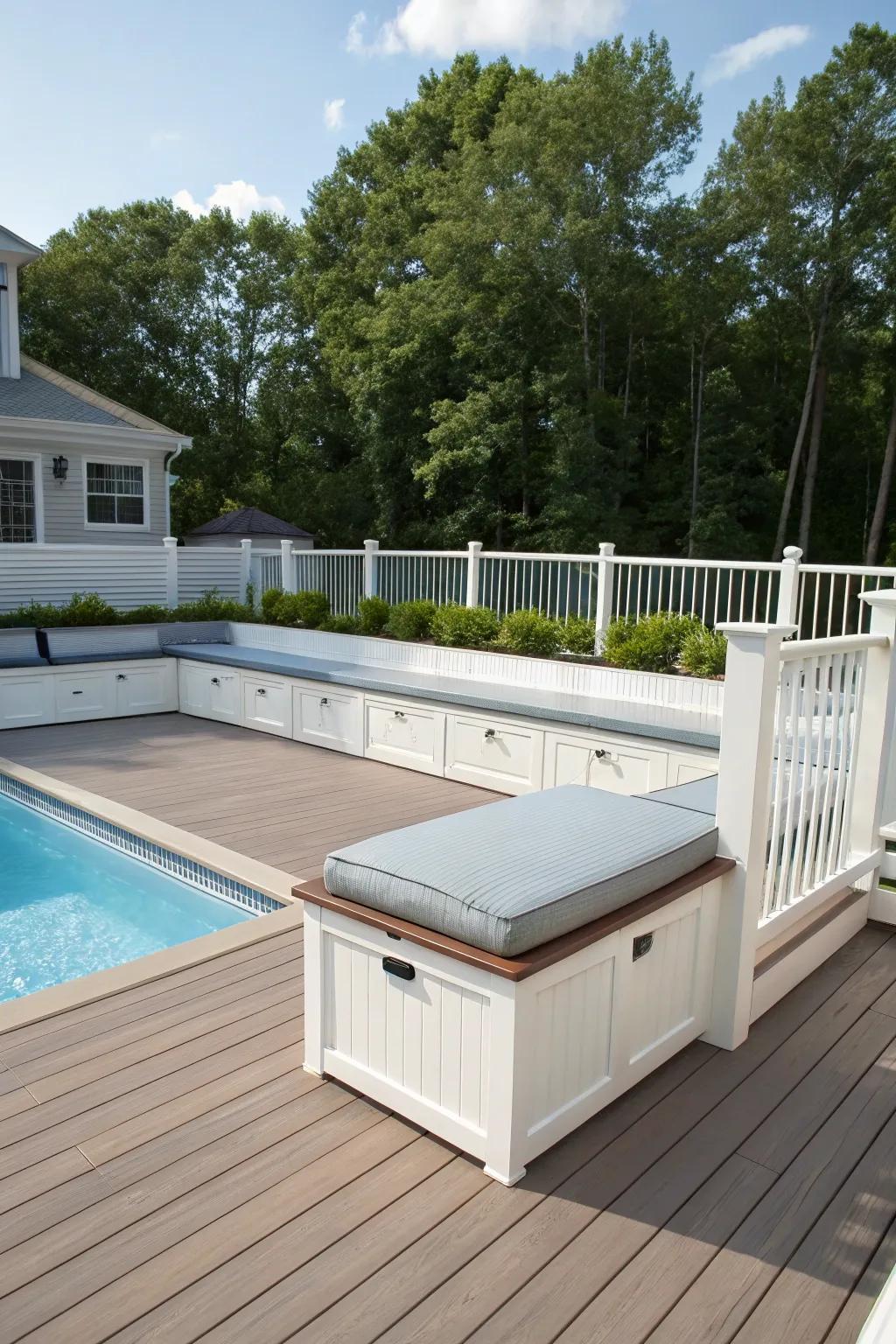 Integrated storage solutions make decks organized and neat.
