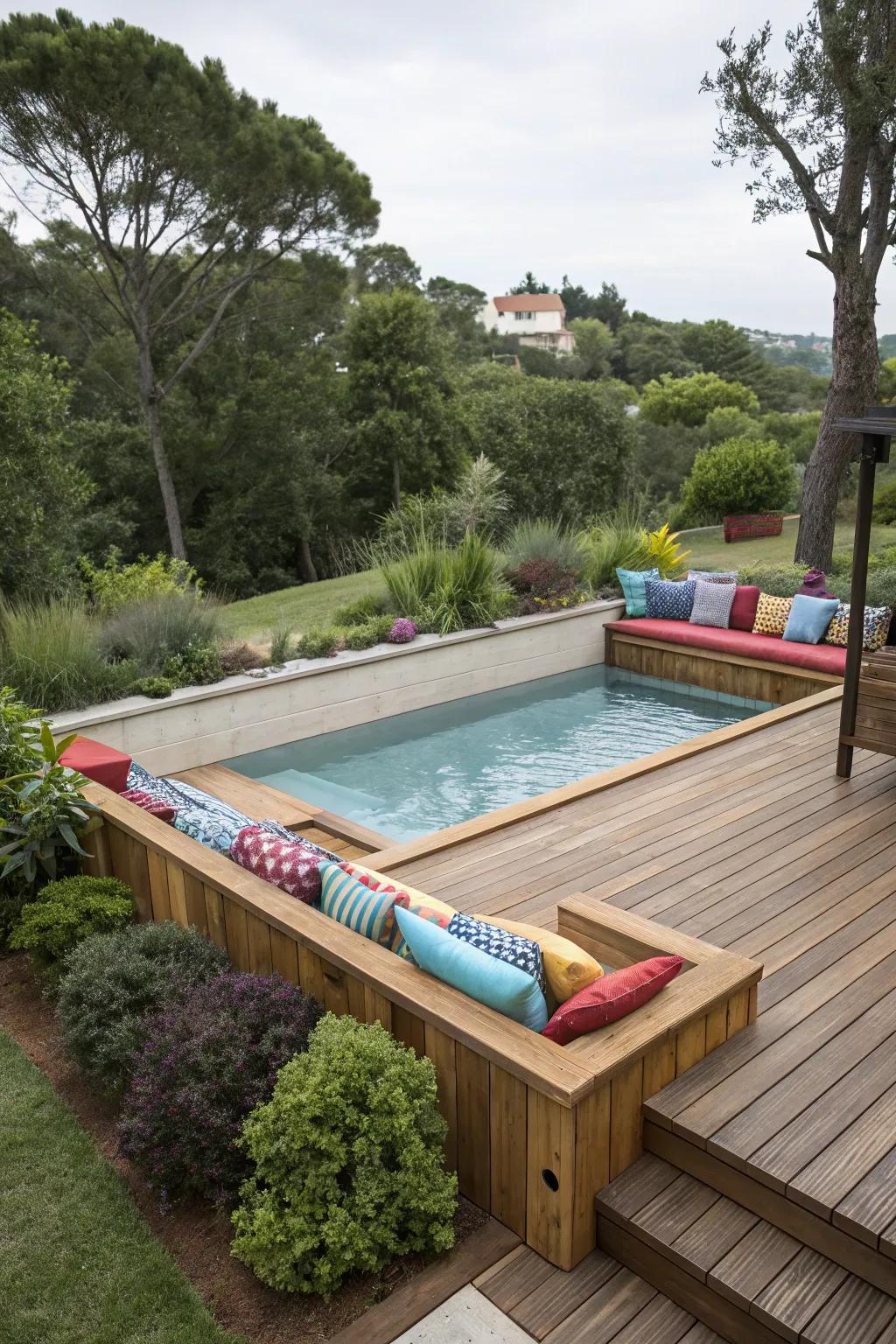Built-in benches optimize space and comfort on pool decks.