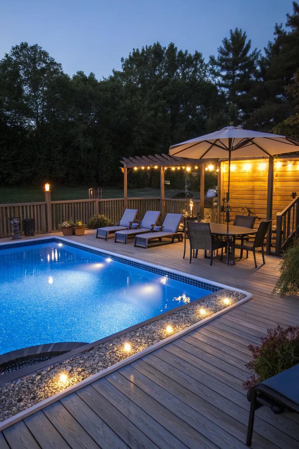 Artful lighting elevates nighttime pool deck atmosphere.