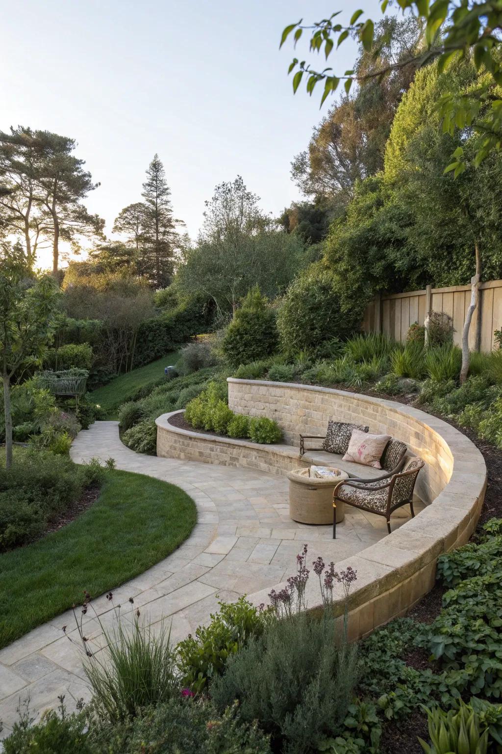 A curved retaining wall creates a graceful garden flow.