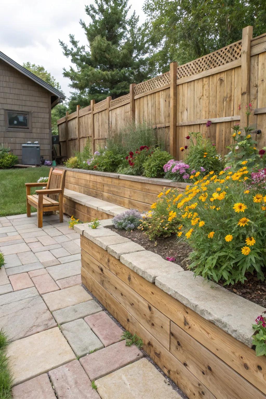 Wooden retaining walls offer a rustic, welcoming touch.
