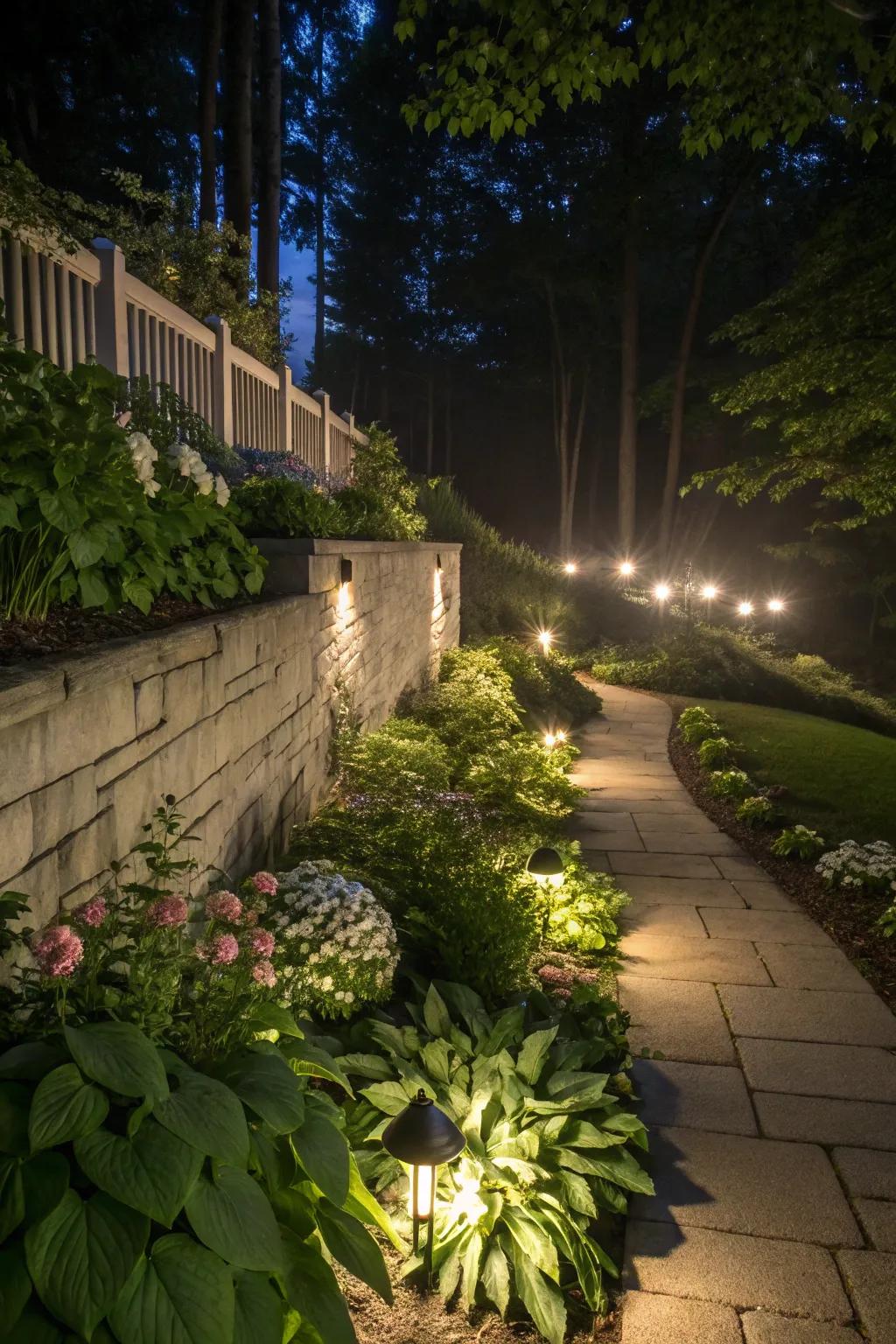 Mystical lighting creates an enchanting garden vibe.