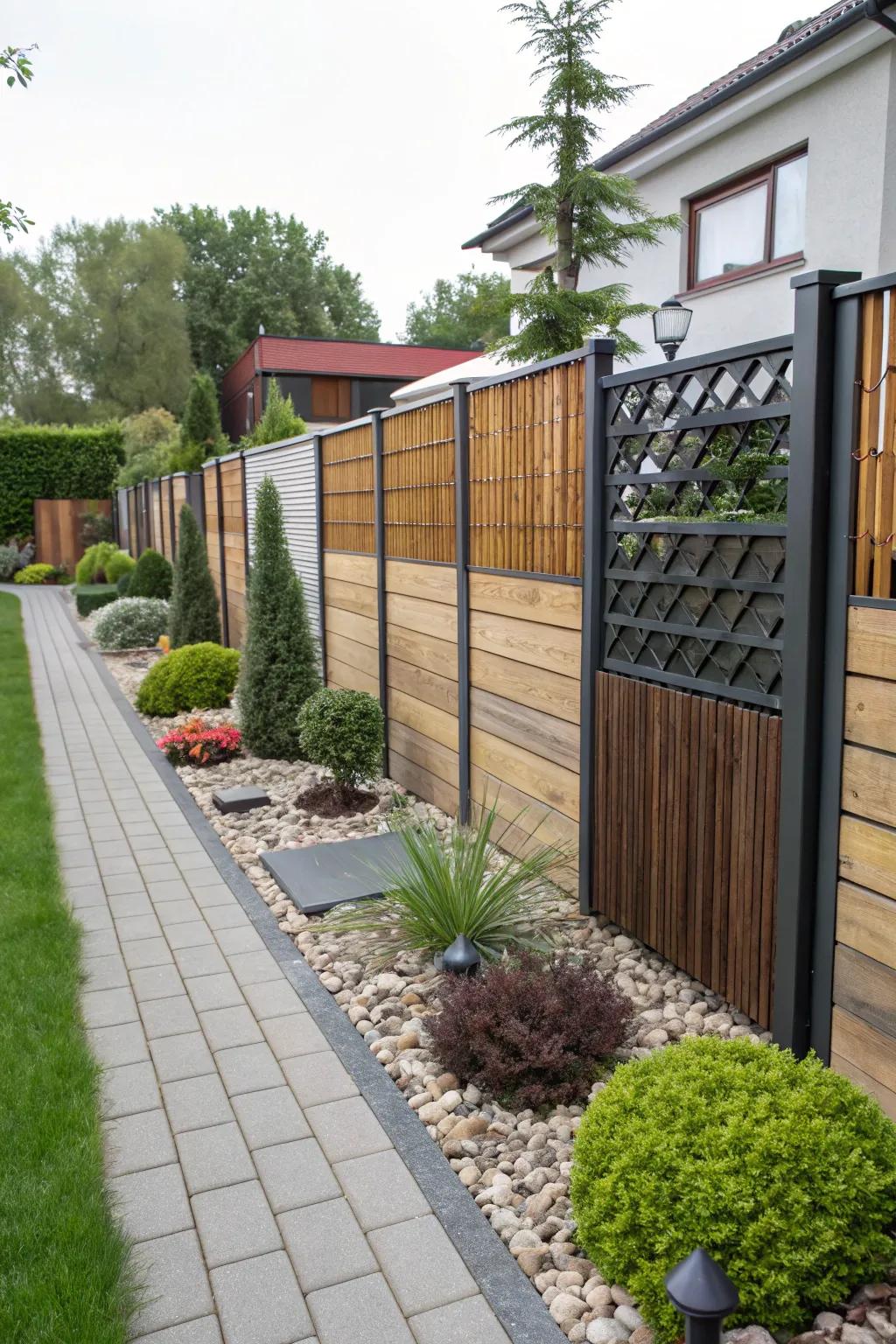 Different materials create a fence with rich texture and visual interest.