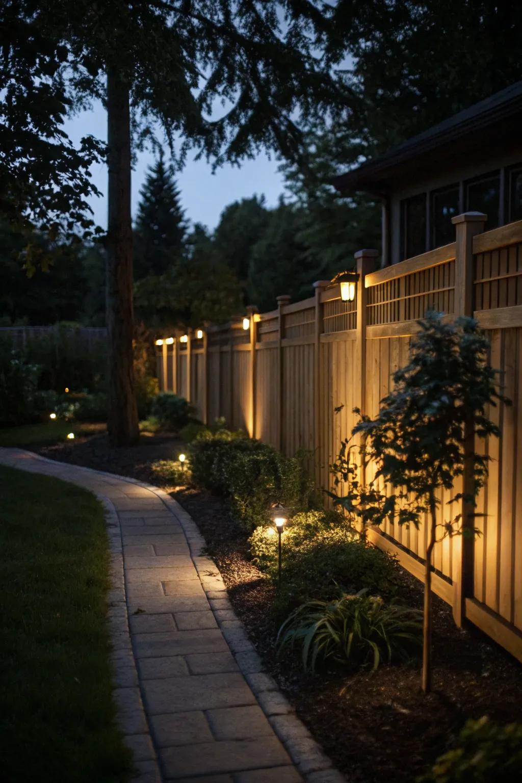 Built-in lighting transforms fences into evening masterpieces.