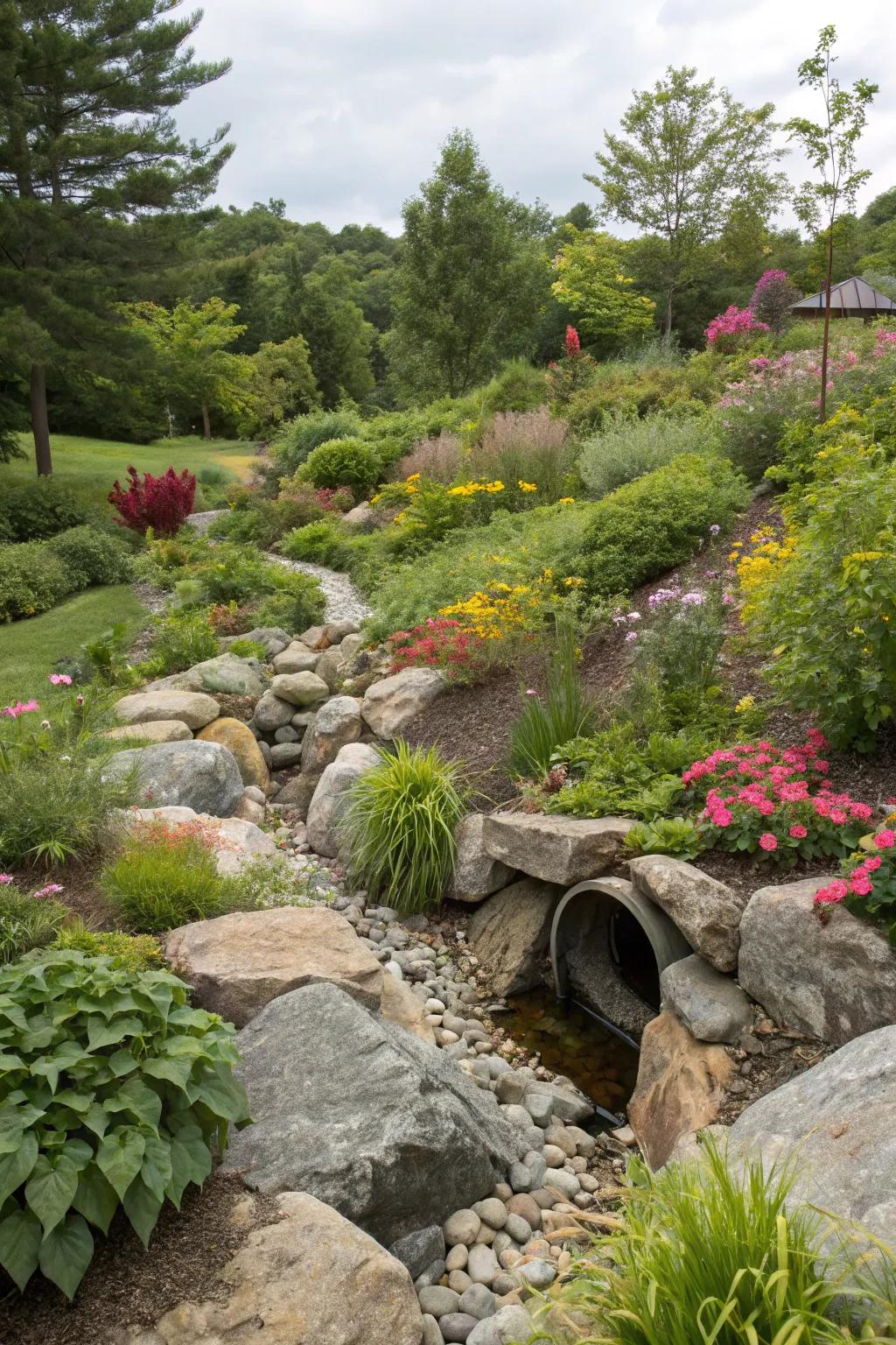 Discreetly blend drainage into garden design.