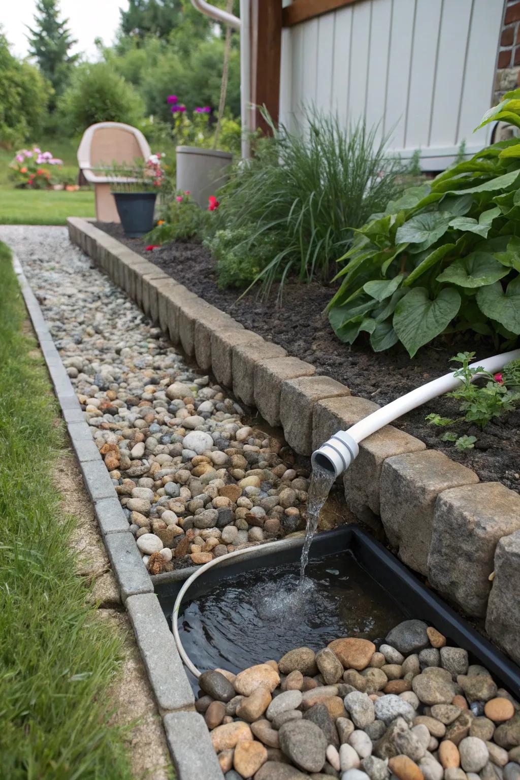 Practical and ornamental gravel drainage.