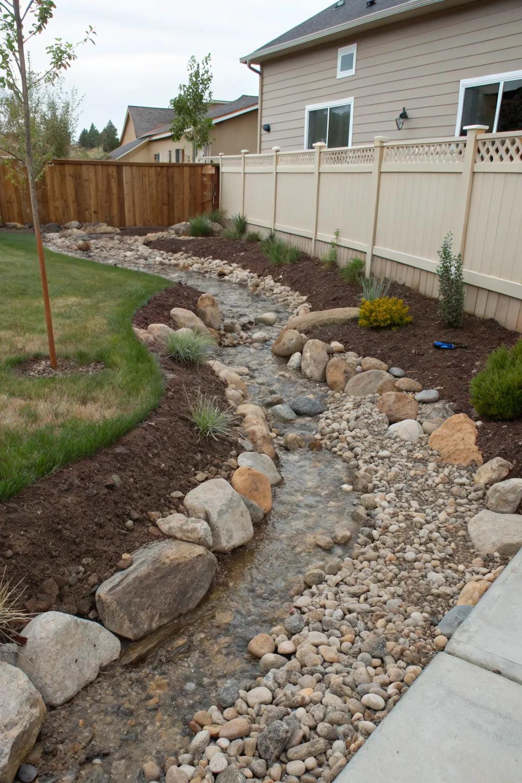 Natural drainage using dry creek beds.