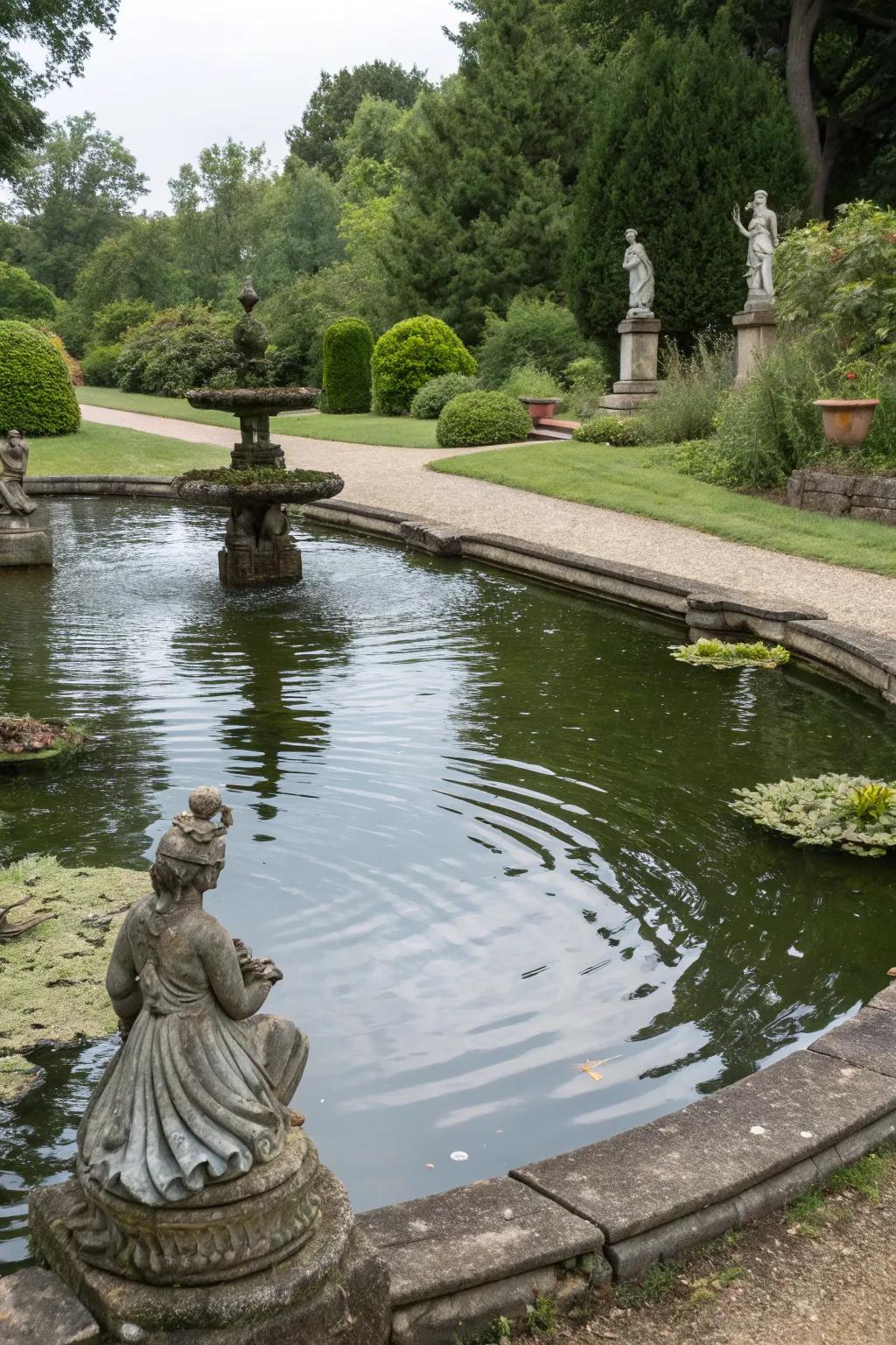 A preformed pond adorned with artistic statues, adding a whimsical flair.