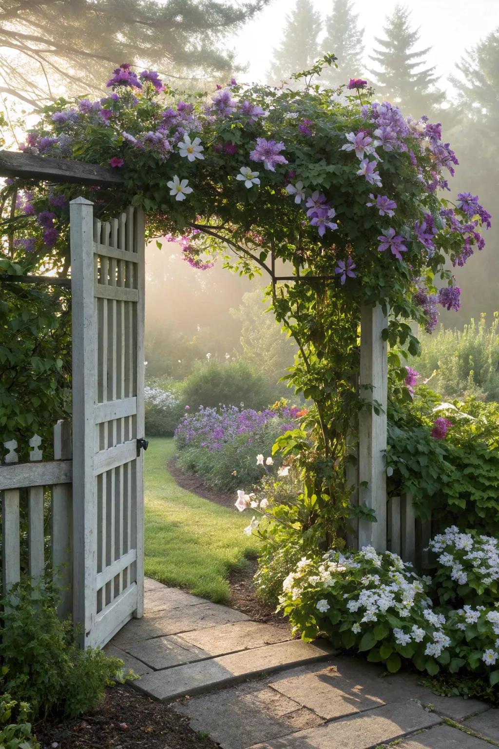 A trellis-topped gate adds height and floral beauty to garden entries.