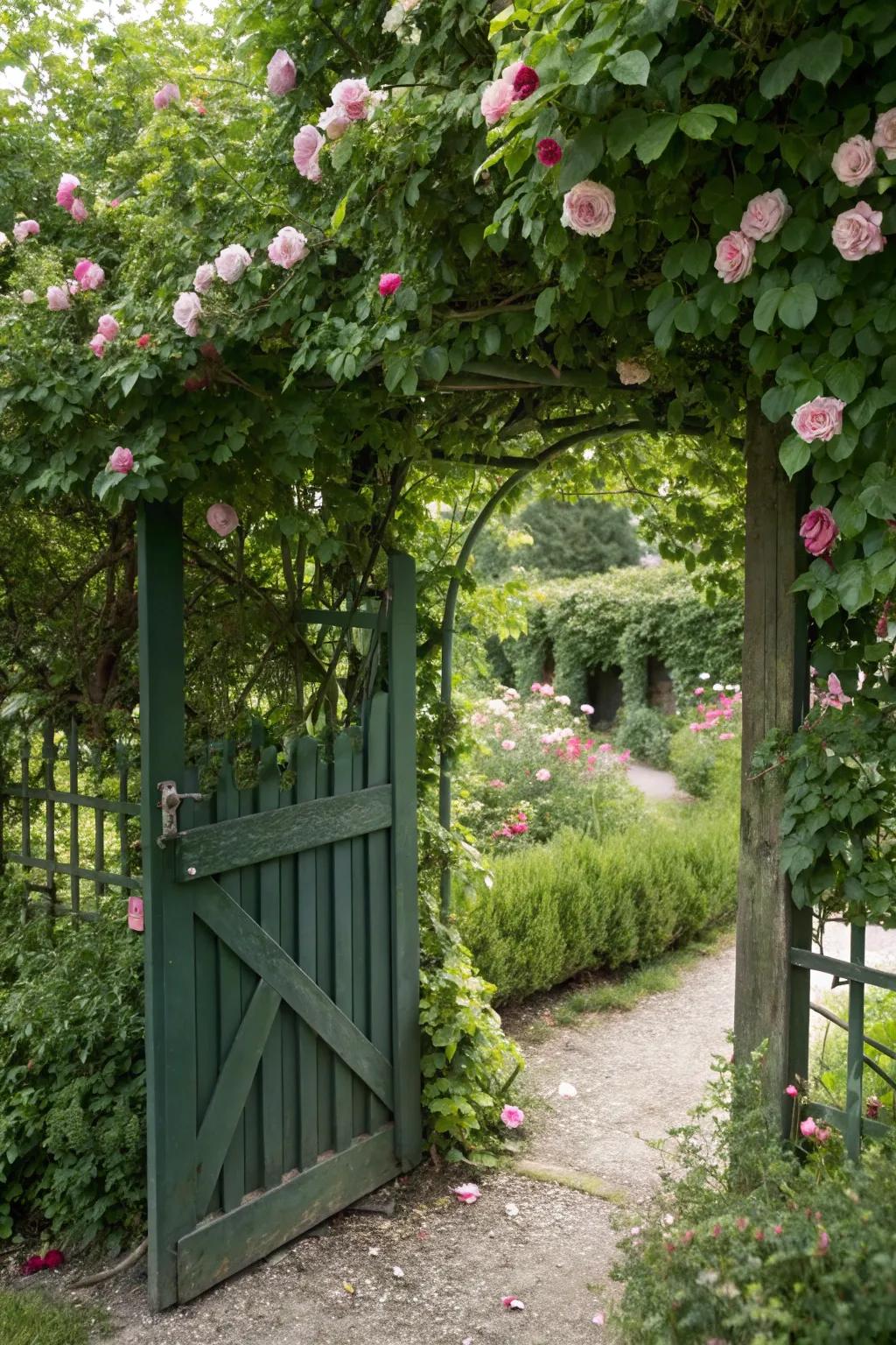 A green archway gate blends seamlessly into its natural surroundings.
