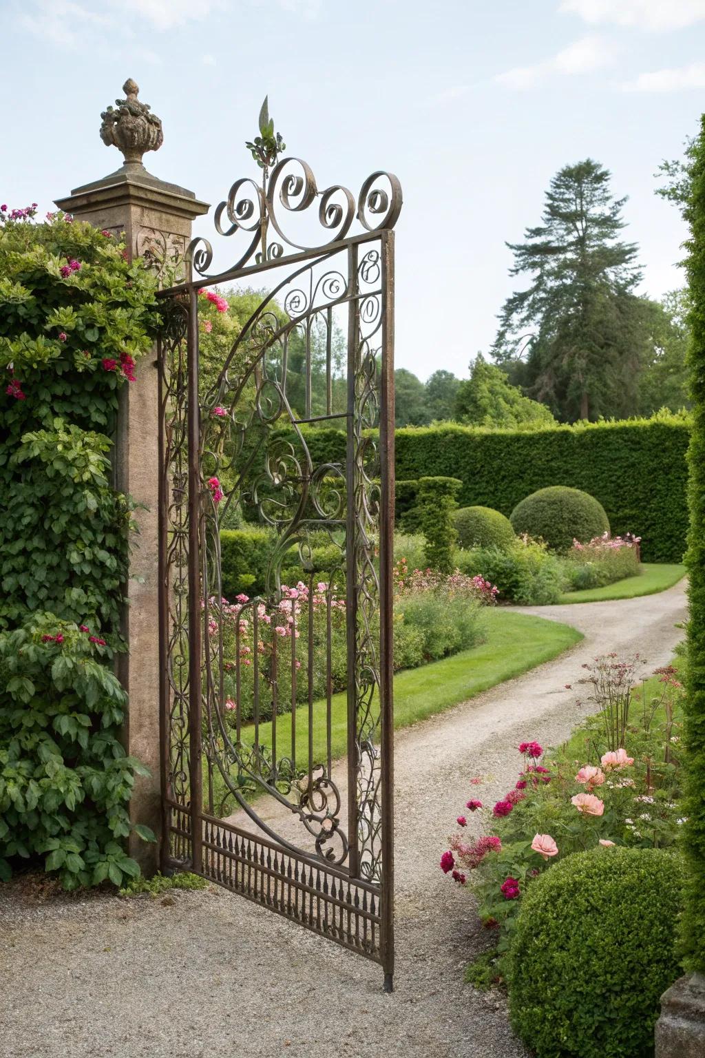 Artistic metalwork transforms garden gates into captivating art pieces.