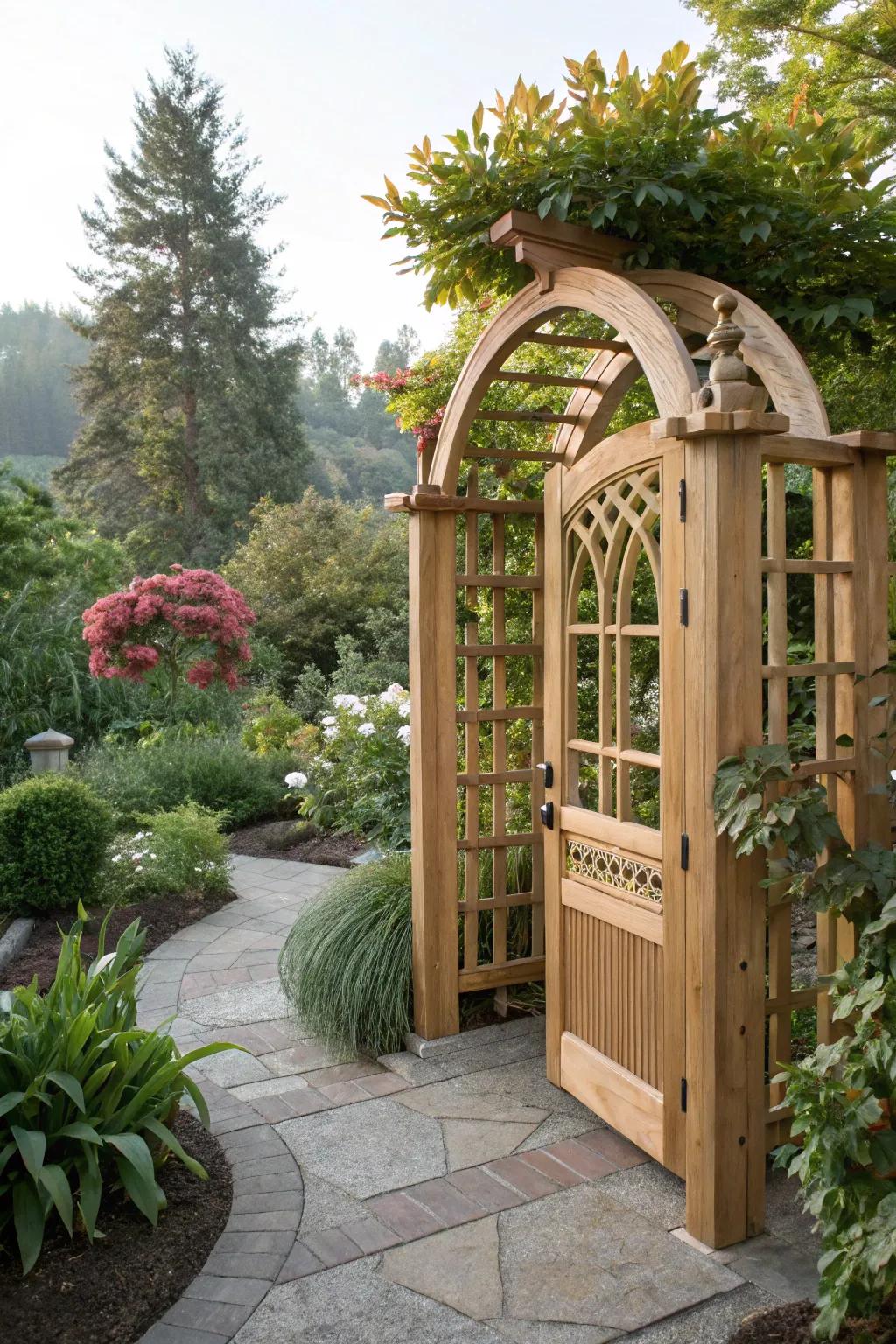 An arched gate adds a touch of elegance to any garden entrance.