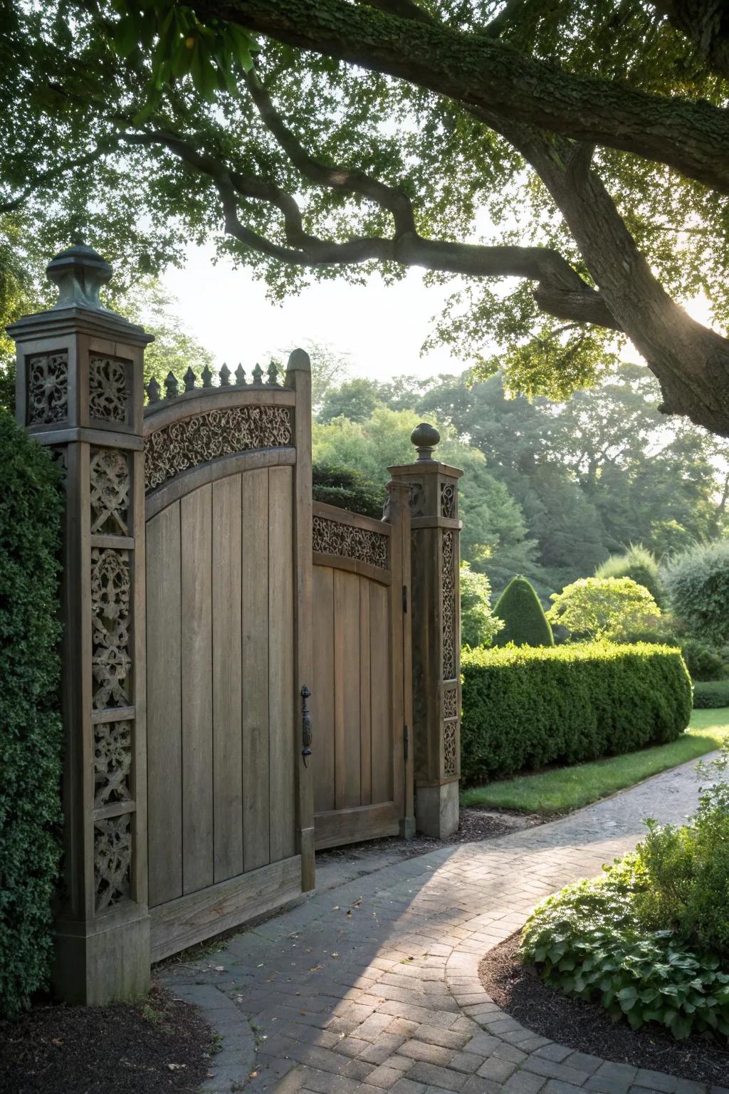 Solid panels offer privacy while maintaining garden gate elegance.