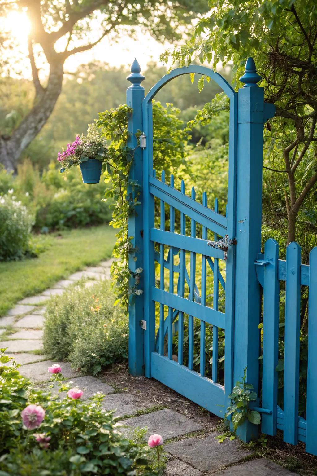 A pop of color turns a garden gate into a cheerful and inviting focal point.