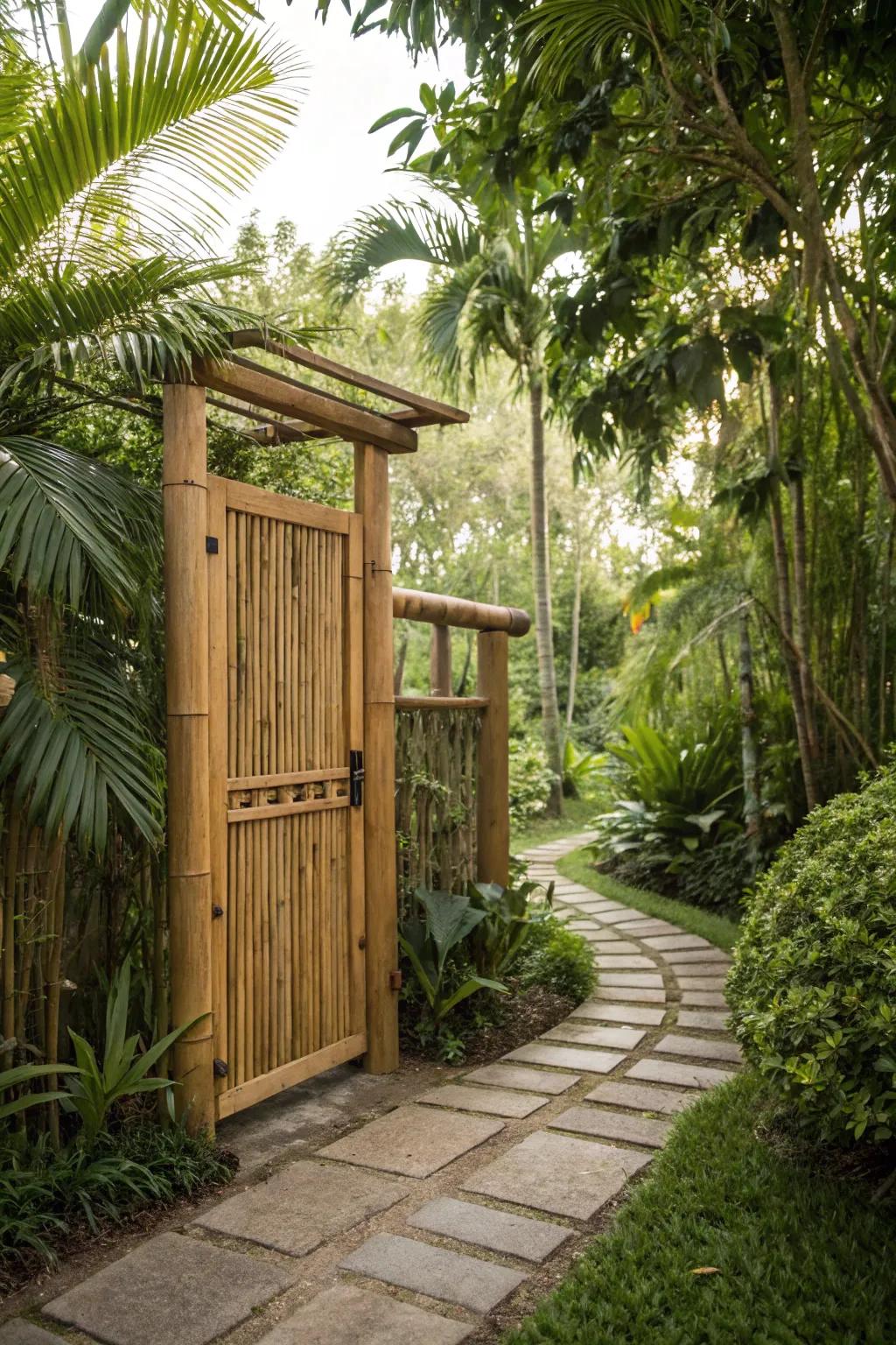 A bamboo gate offers a sustainable and exotic garden entrance.