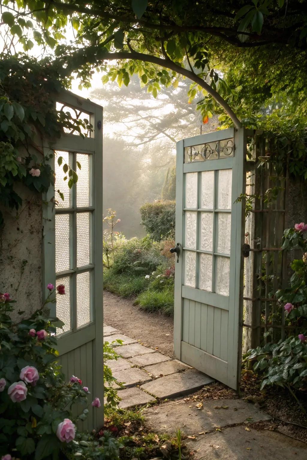 Peek-a-boo windows add mystery and light to garden gates.