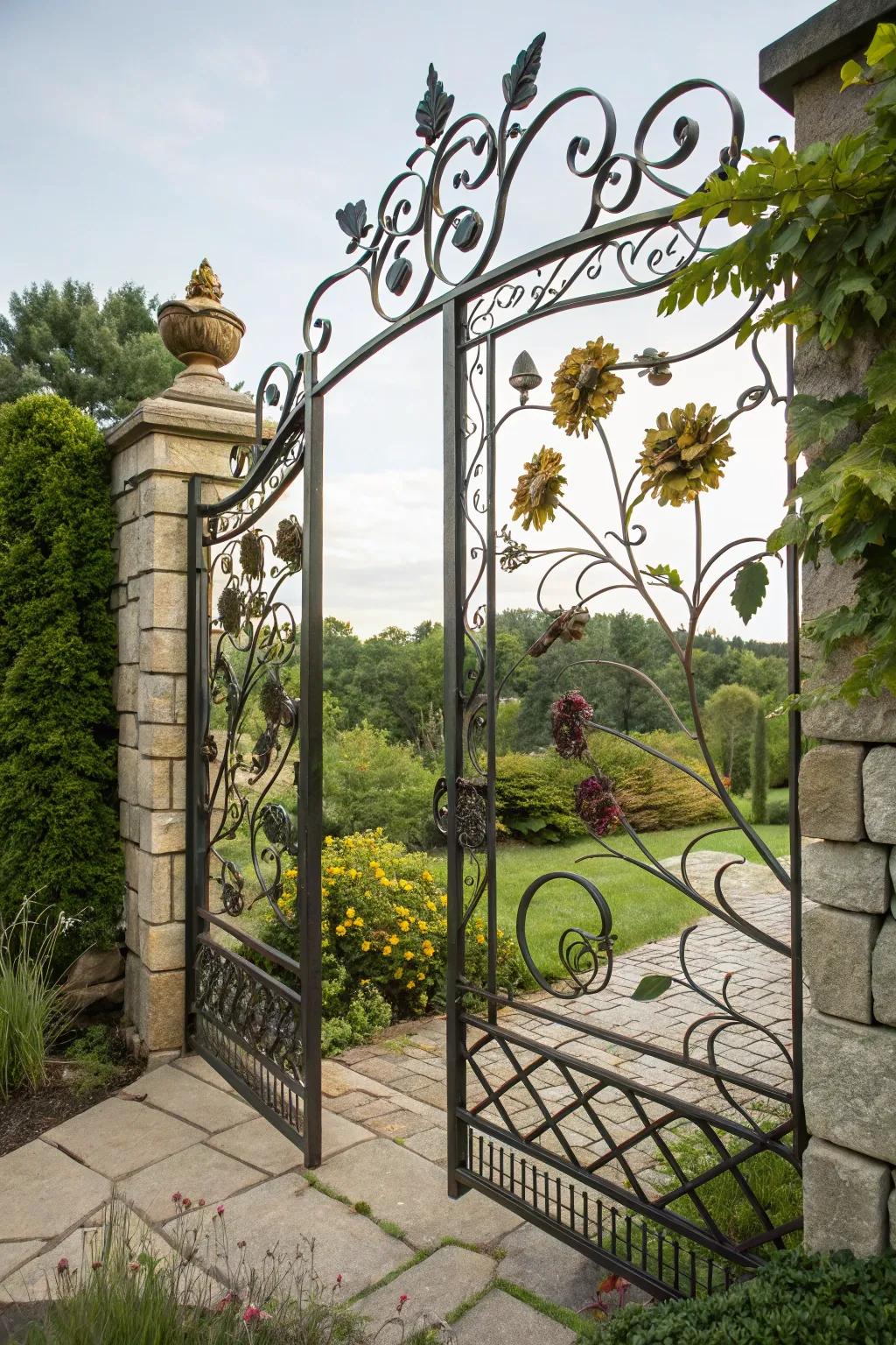 A timeless wrought iron gate adds elegance and mystery to any garden.