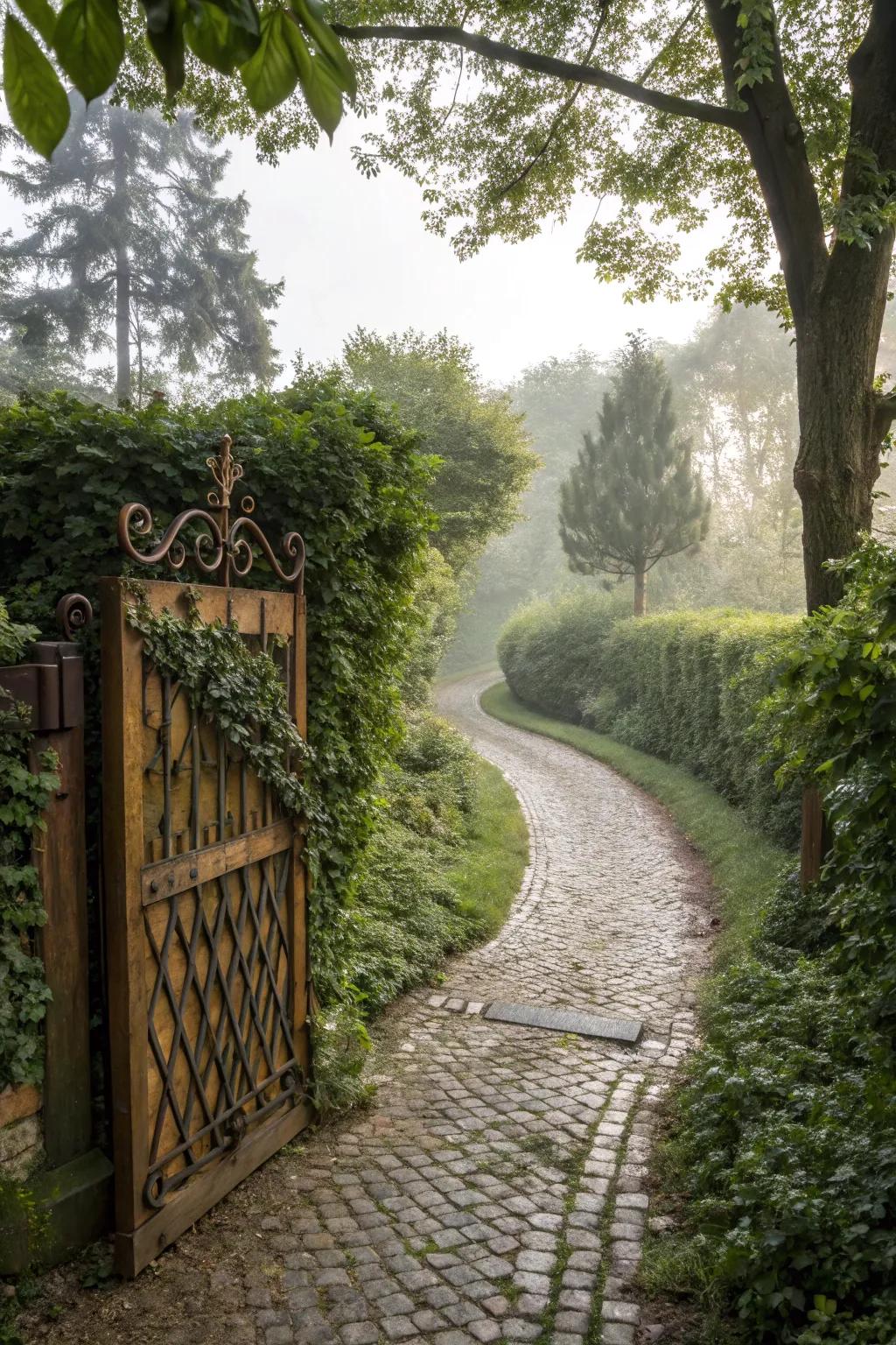 A stone pathway adds rustic charm to the garden gate experience.