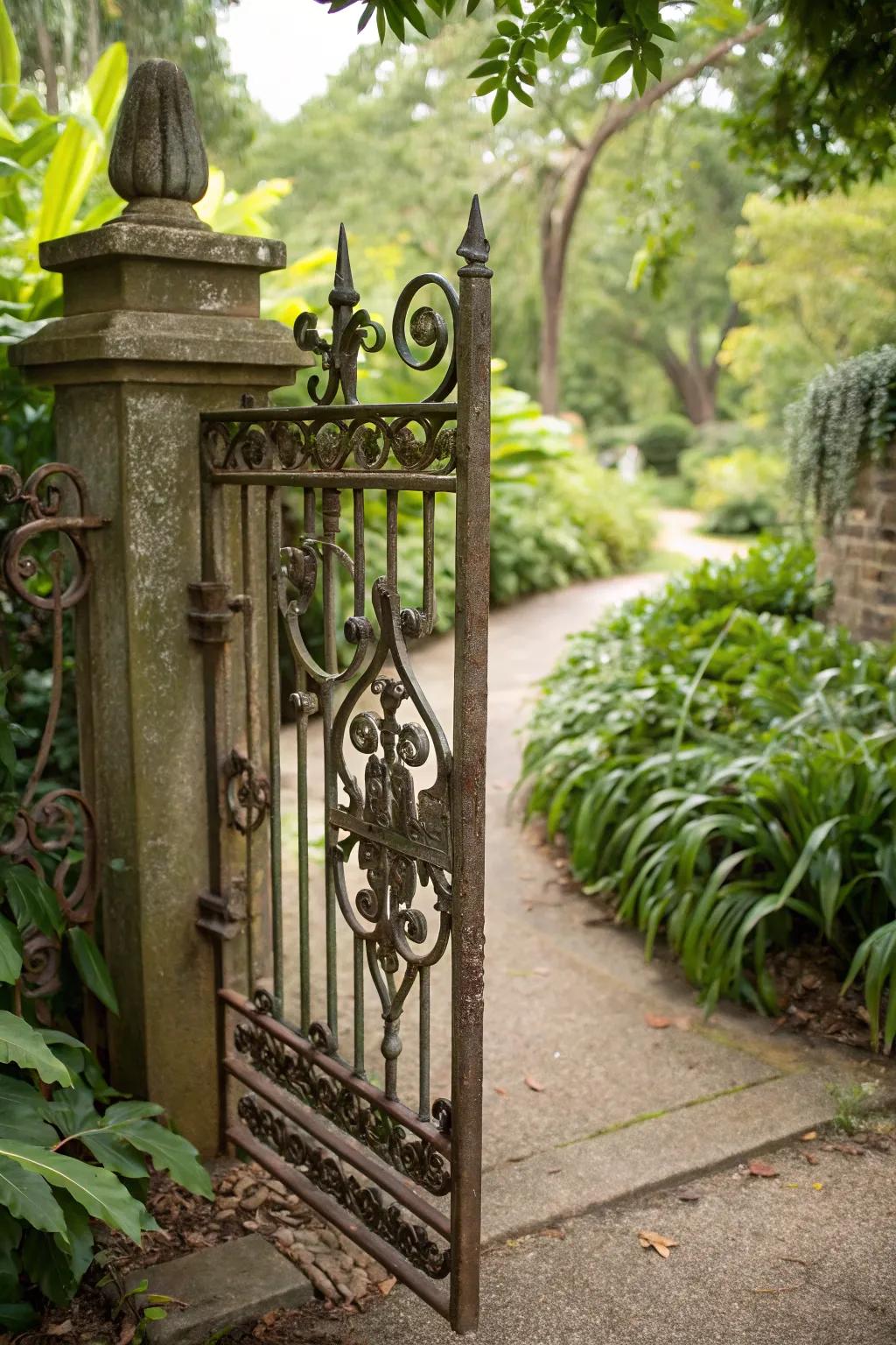 Vintage hardware brings an antique charm to garden gates.
