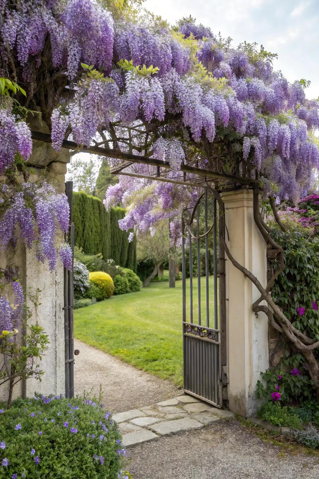 A living gate adorned with vines becomes a dynamic garden feature.