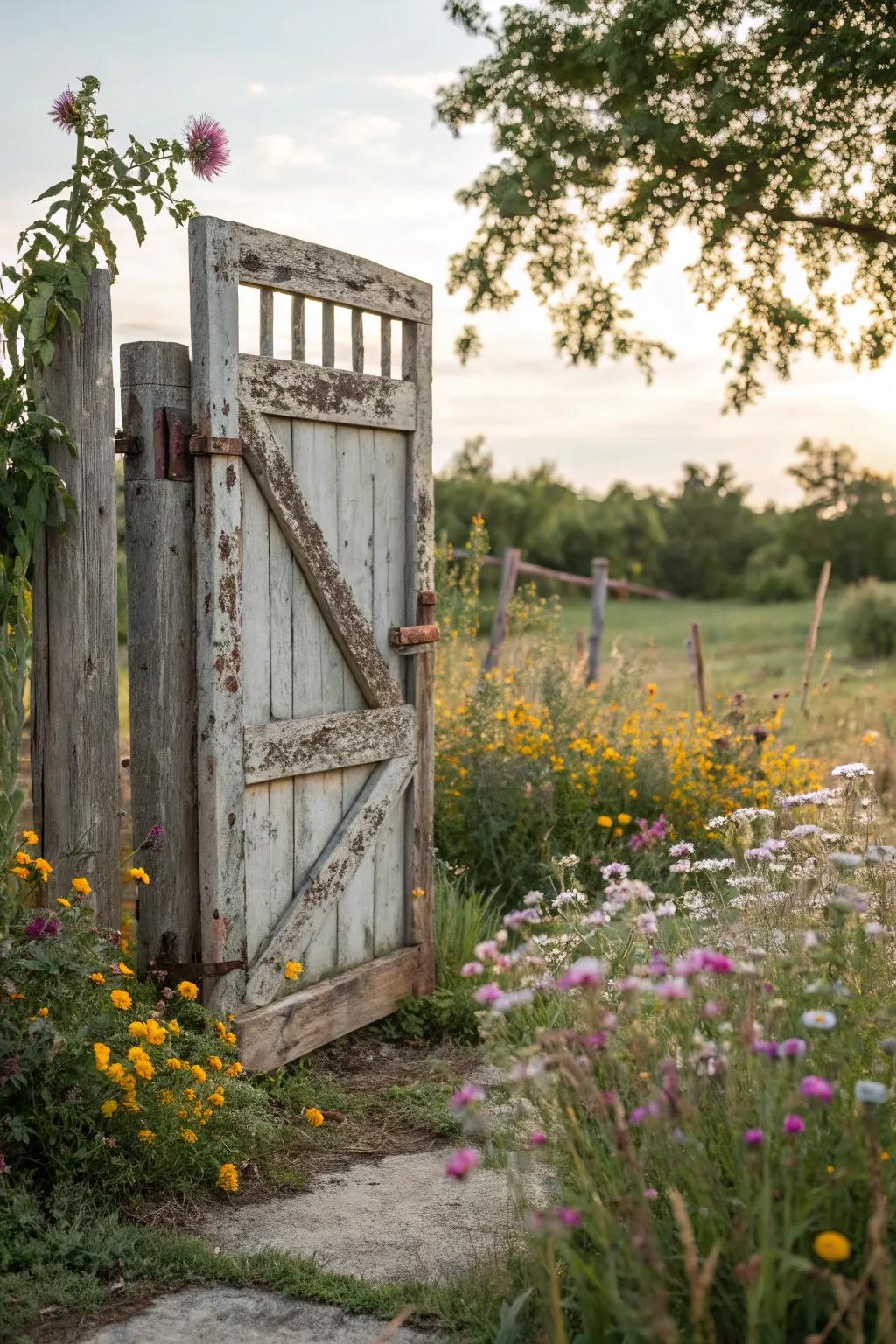 A rustic wooden gate invites you into a serene garden escape.