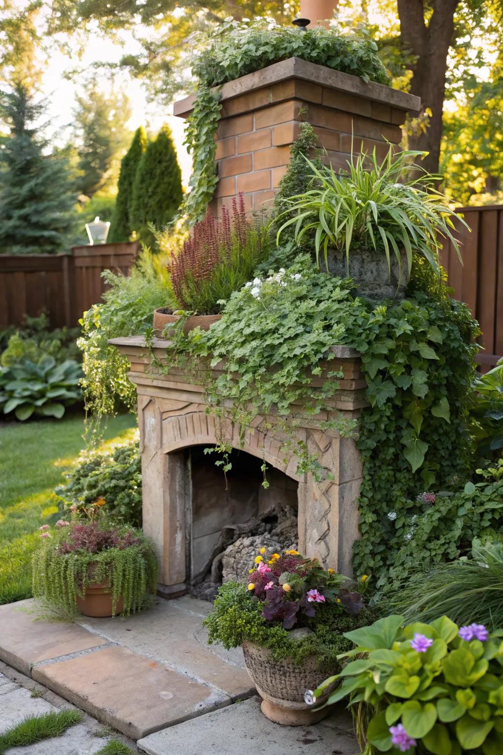 A repurposed fireplace creates a stunning garden nook.