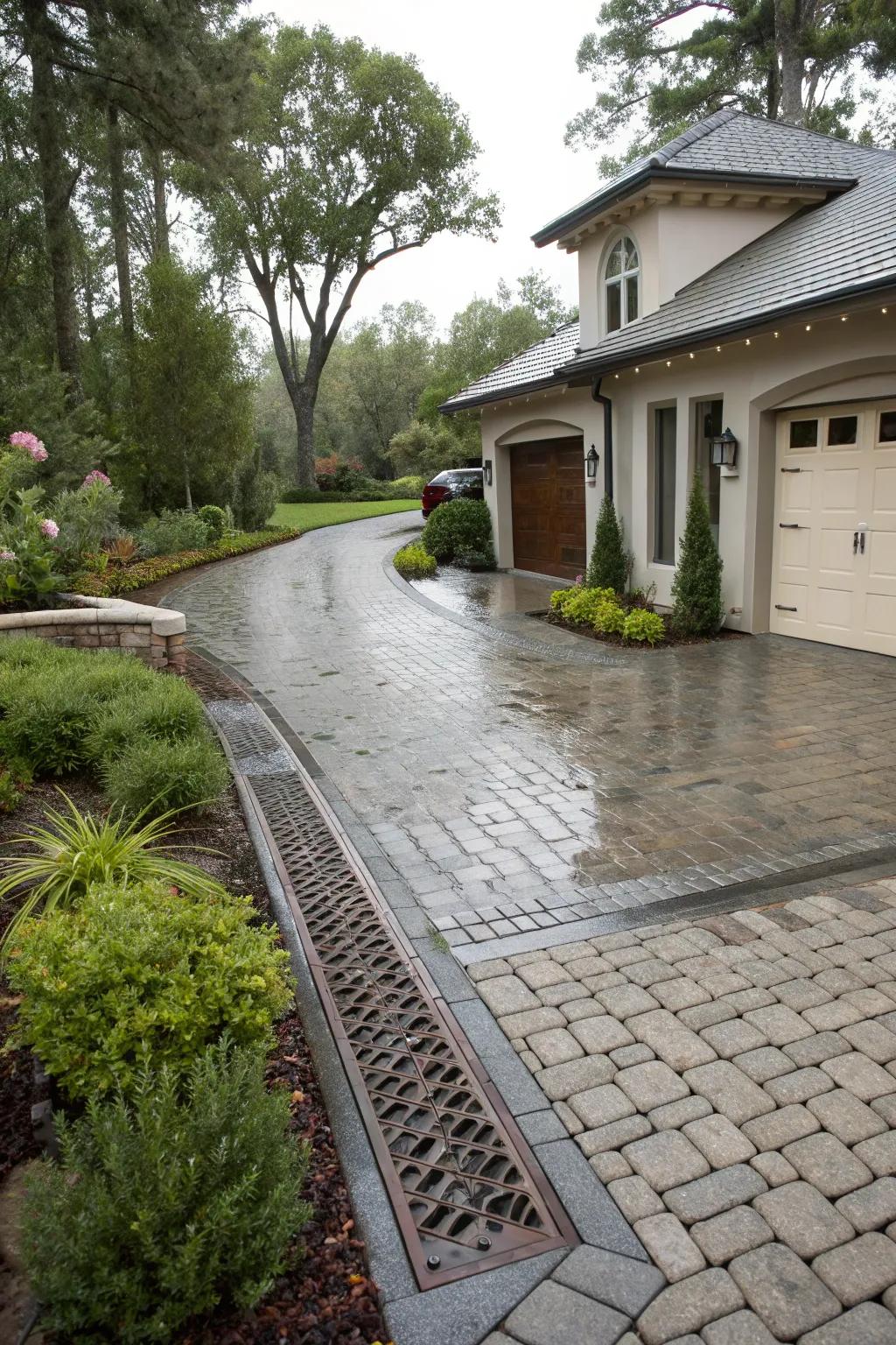 Permeable pavers ensure efficient water management.